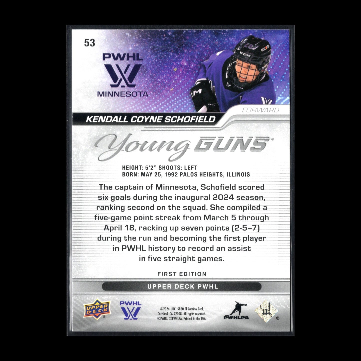 2024-25 UD PWHL KENDALL COYNE SCHOFIELD #53 Young Guns Outburst RC 1st EDITION!