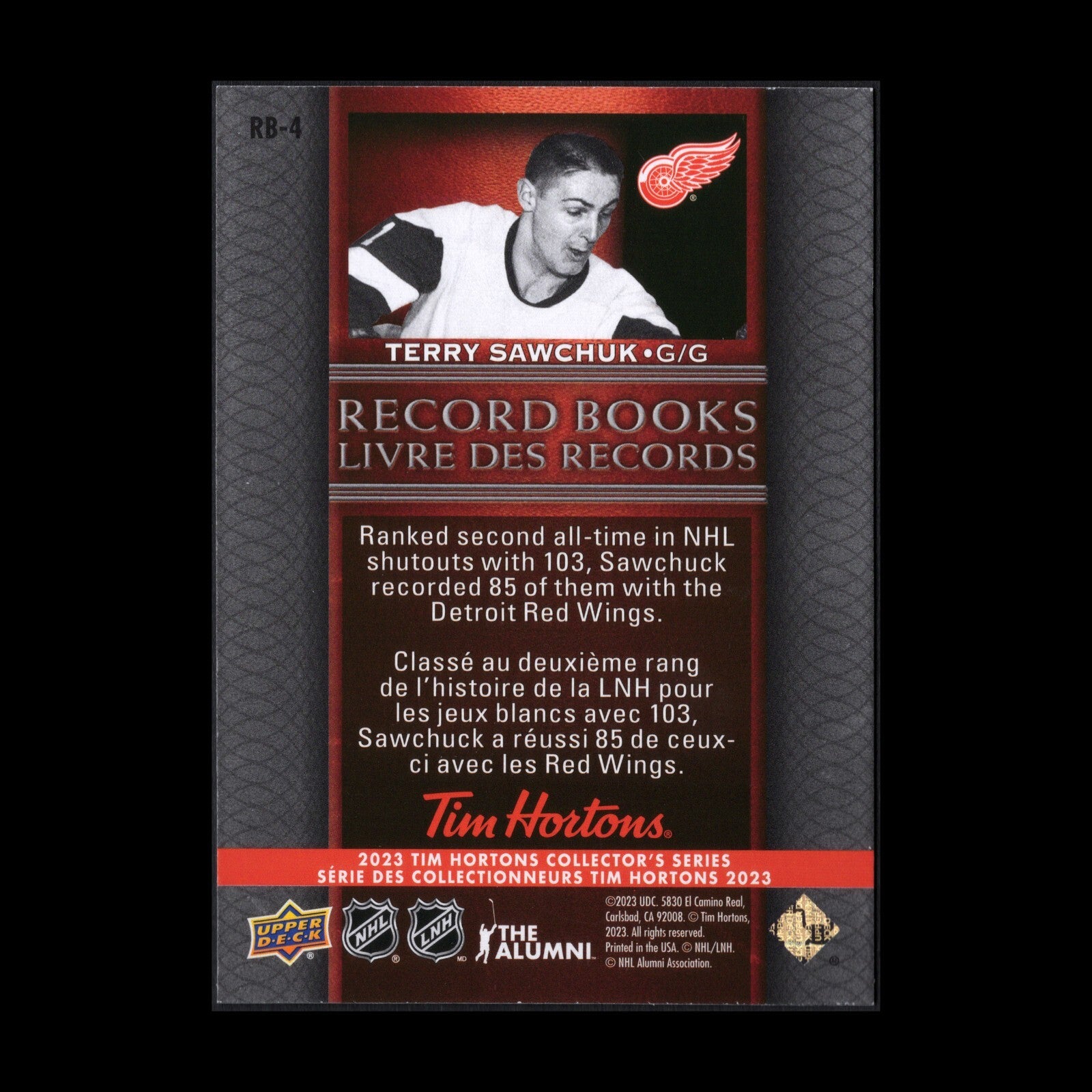 2023 UD Tim Hortons TERRY SAWCHUK #RB-4 Record Books - Detroit Red Wings