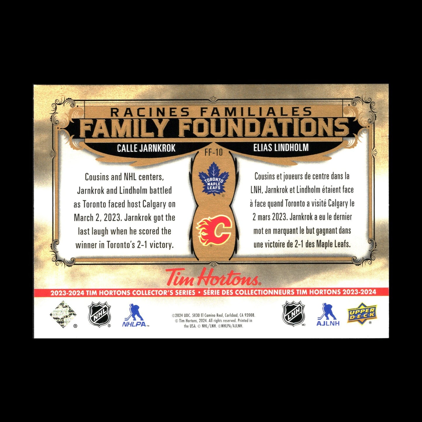 2023-24 UD Tim Hortons CALLE JARNKROK & ELIAS LINDHOLM #FF-10 Family Foundations