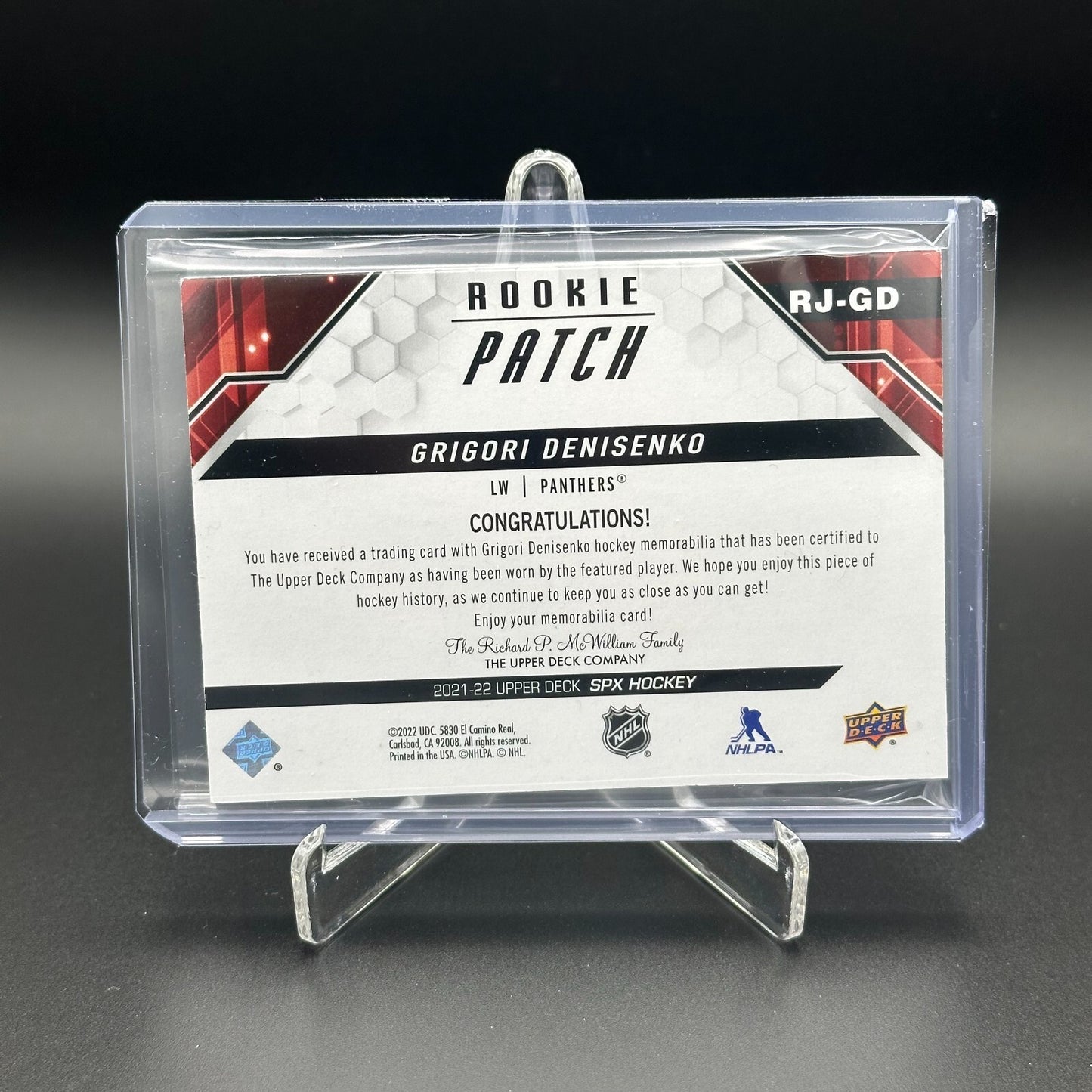 2021-22 UD SPx GRIGORI DENISENKO #RJ-GD 12/35 Rookie Patch - Florida Panthers