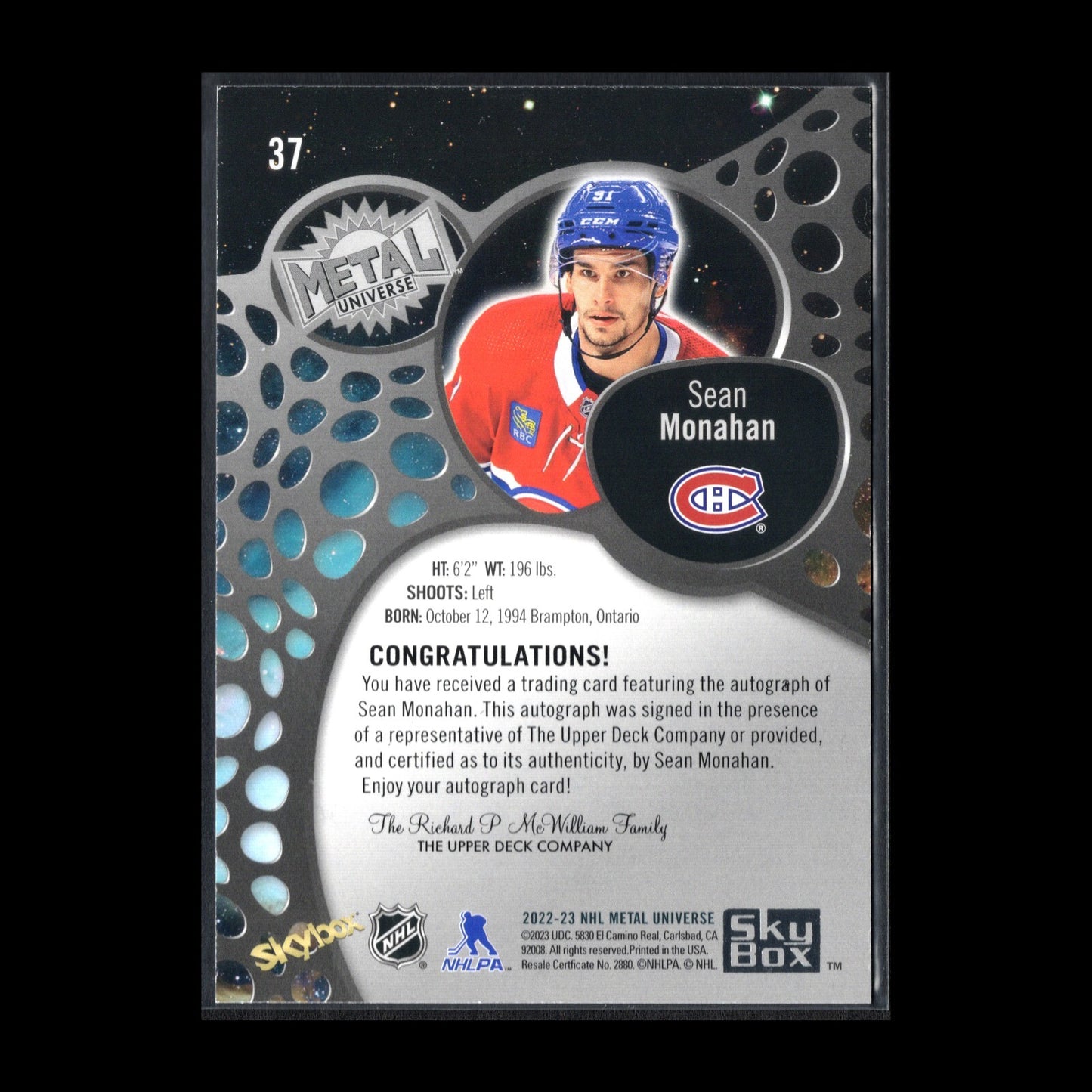 2022-23 SkyBox Metal Universe SEAN MONAHAN #37 Silver FX Autograph