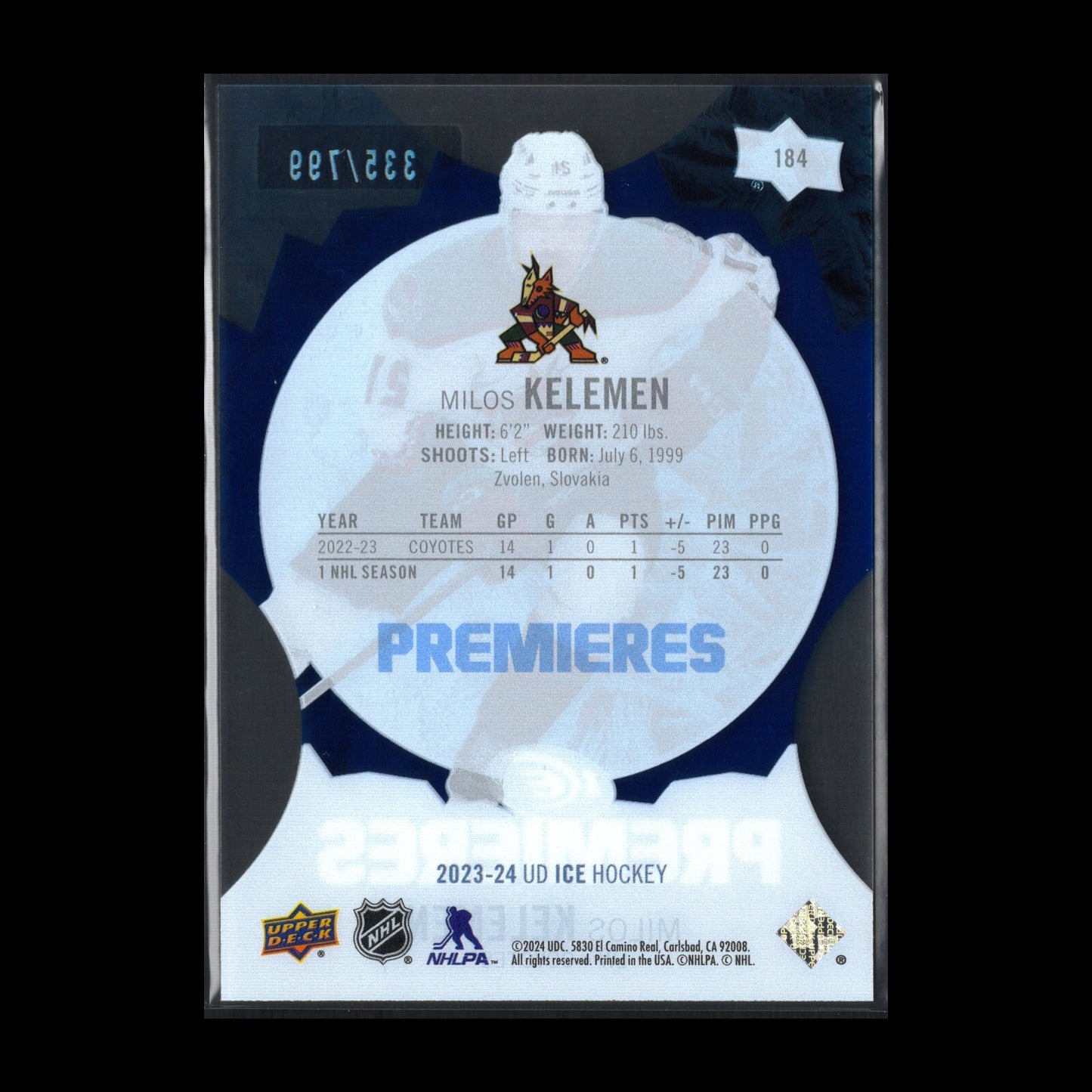2023-24 UD Ice MILOS KELEMEN #184 Ice Premieres Blue Parallel RC /799