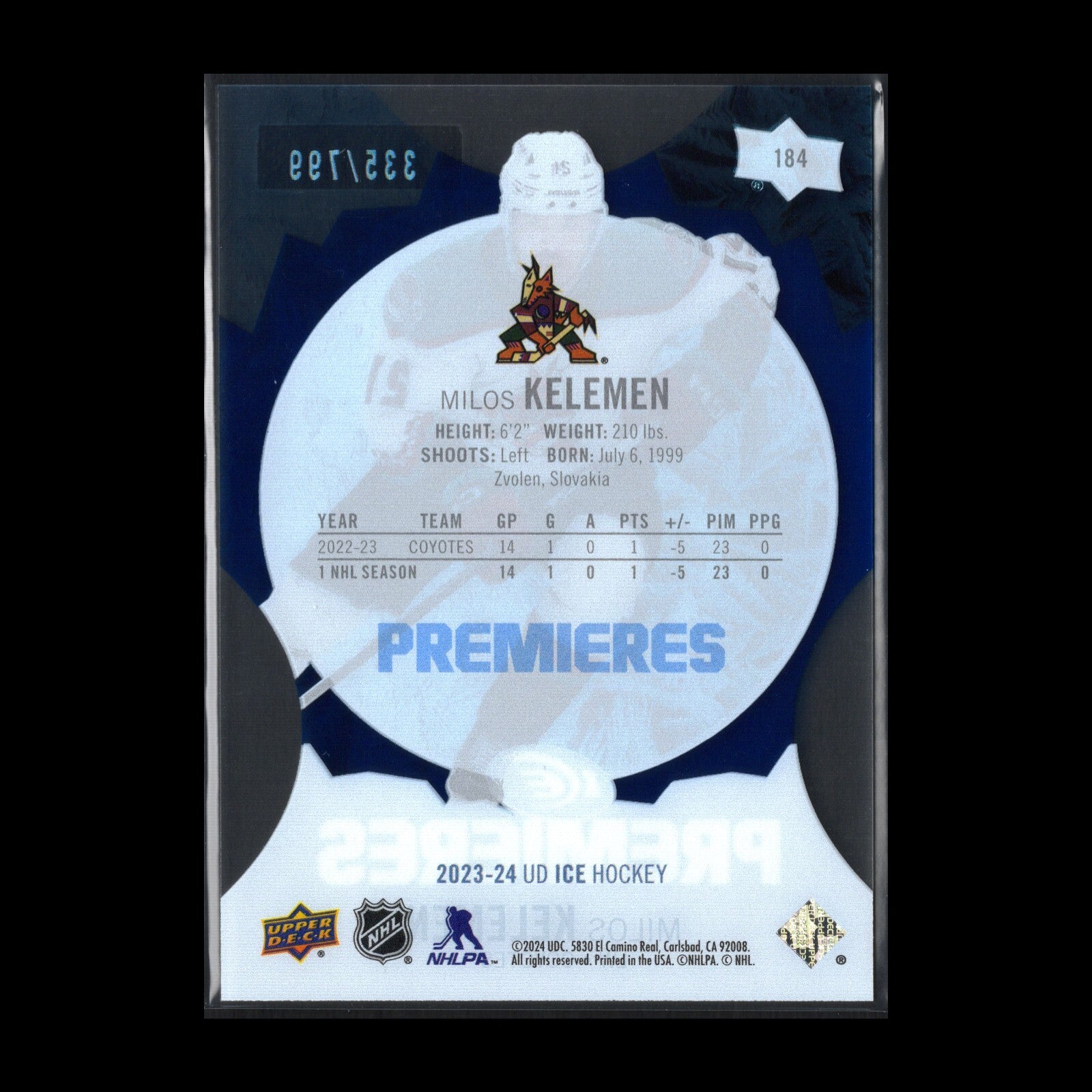 2023-24 UD Ice MILOS KELEMEN #184 Ice Premieres Blue Parallel RC /799