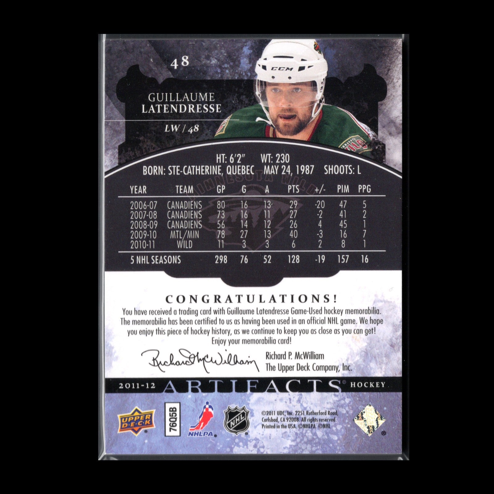 2011-12 Artifacts GUILLAUME LATENDRESSE #48 Horizontal Emerald Patch Jersey /35
