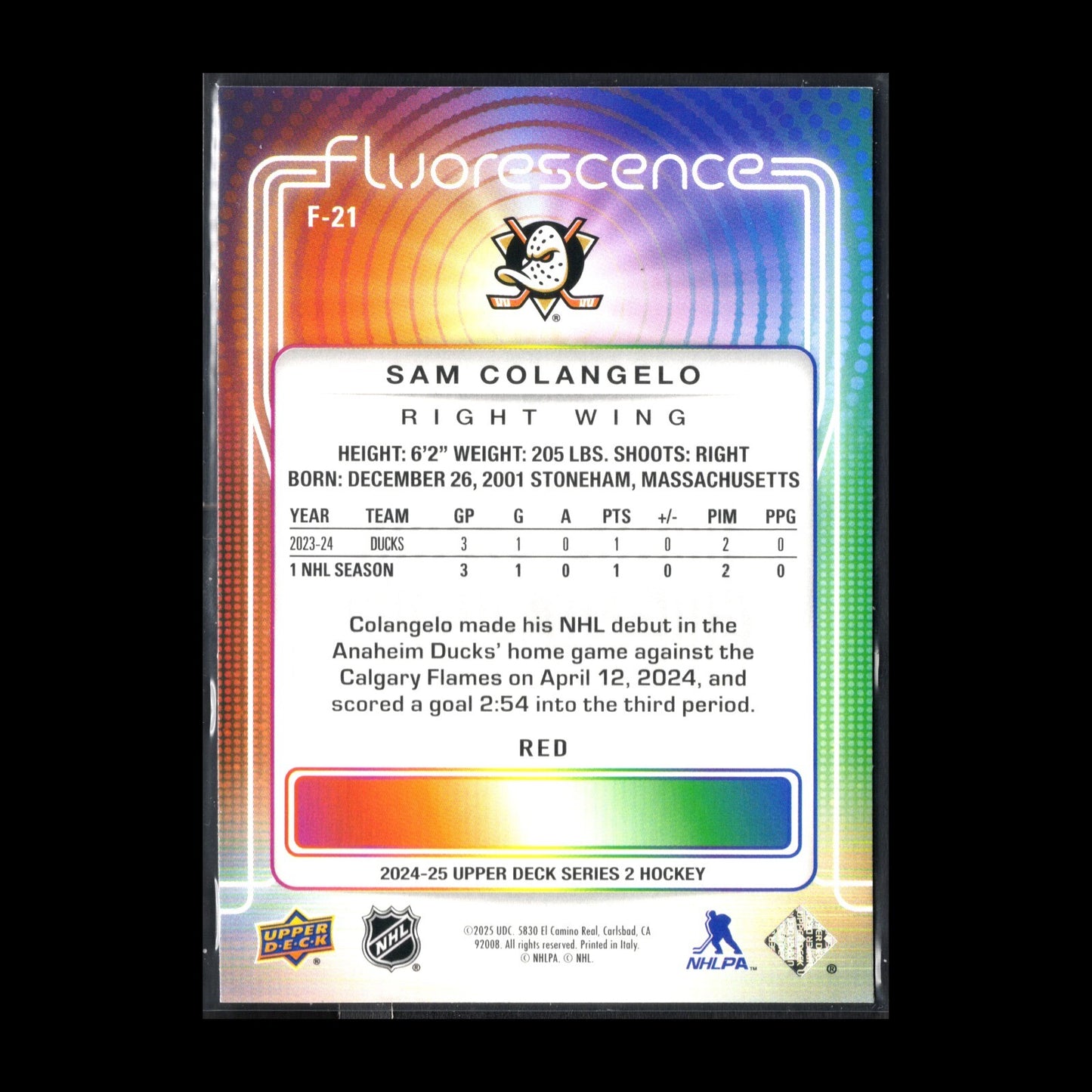 2024-25 UD Series 2 SAM COLANGELO #F-21 Flurescence Red - Anaheim Ducks