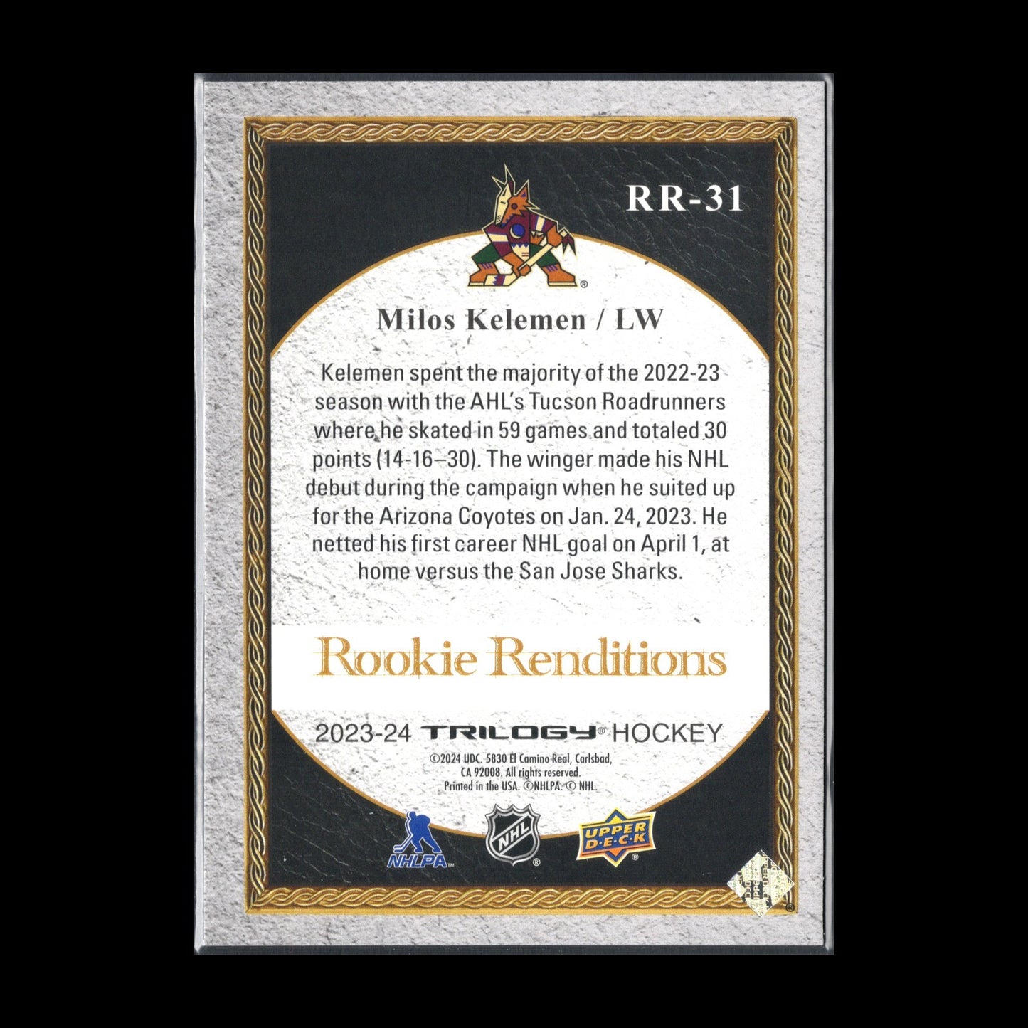 2023-24 UD Trilogy MILOS KELEMEN #RR-31 Rookie Renditions RC - Arizona Coyotes
