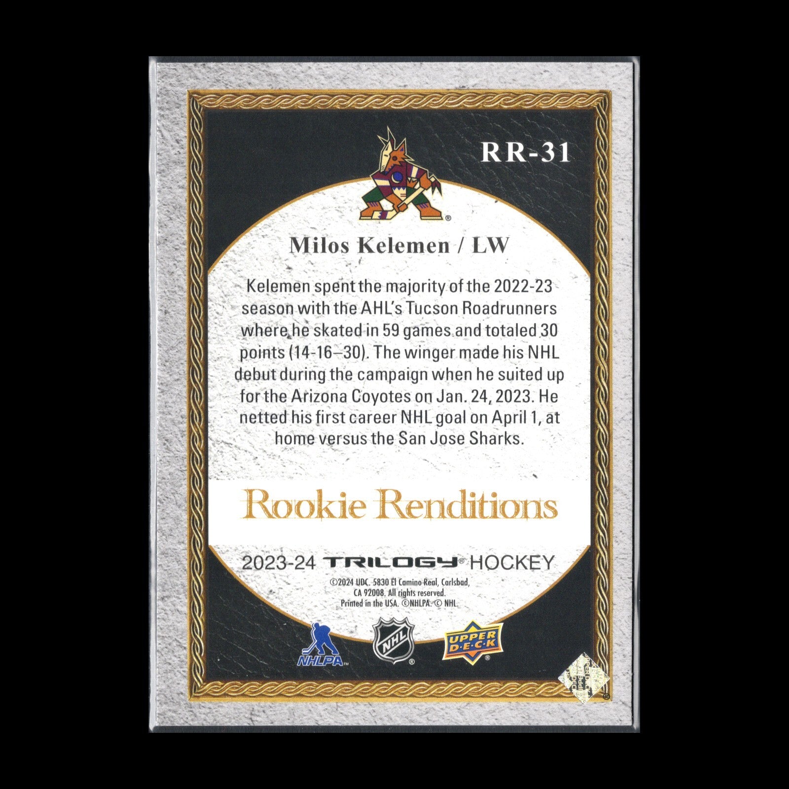 2023-24 UD Trilogy MILOS KELEMEN #RR-31 Rookie Renditions RC - Arizona Coyotes
