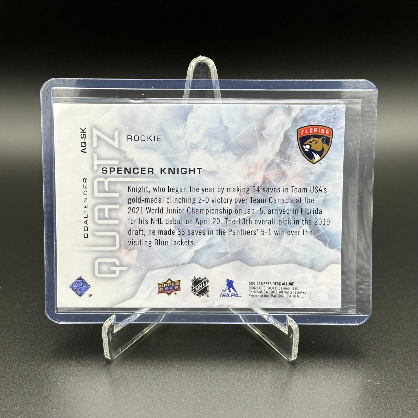 2021-22 UD Allure SPENCER KNIGHT #AQ-SK Quartz Rookie RC - Florida Panthers