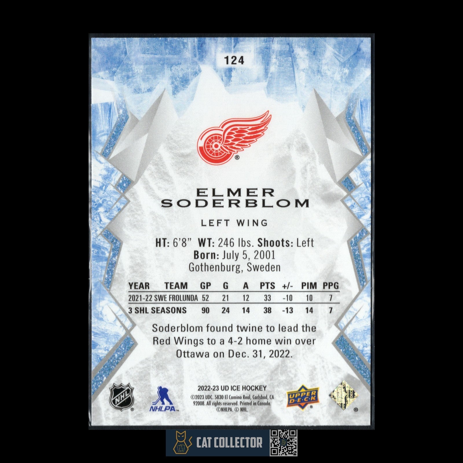 2022-23 UD Ice ELMER SODERBLOM #124 Rookie RC - Detroit Red Wings