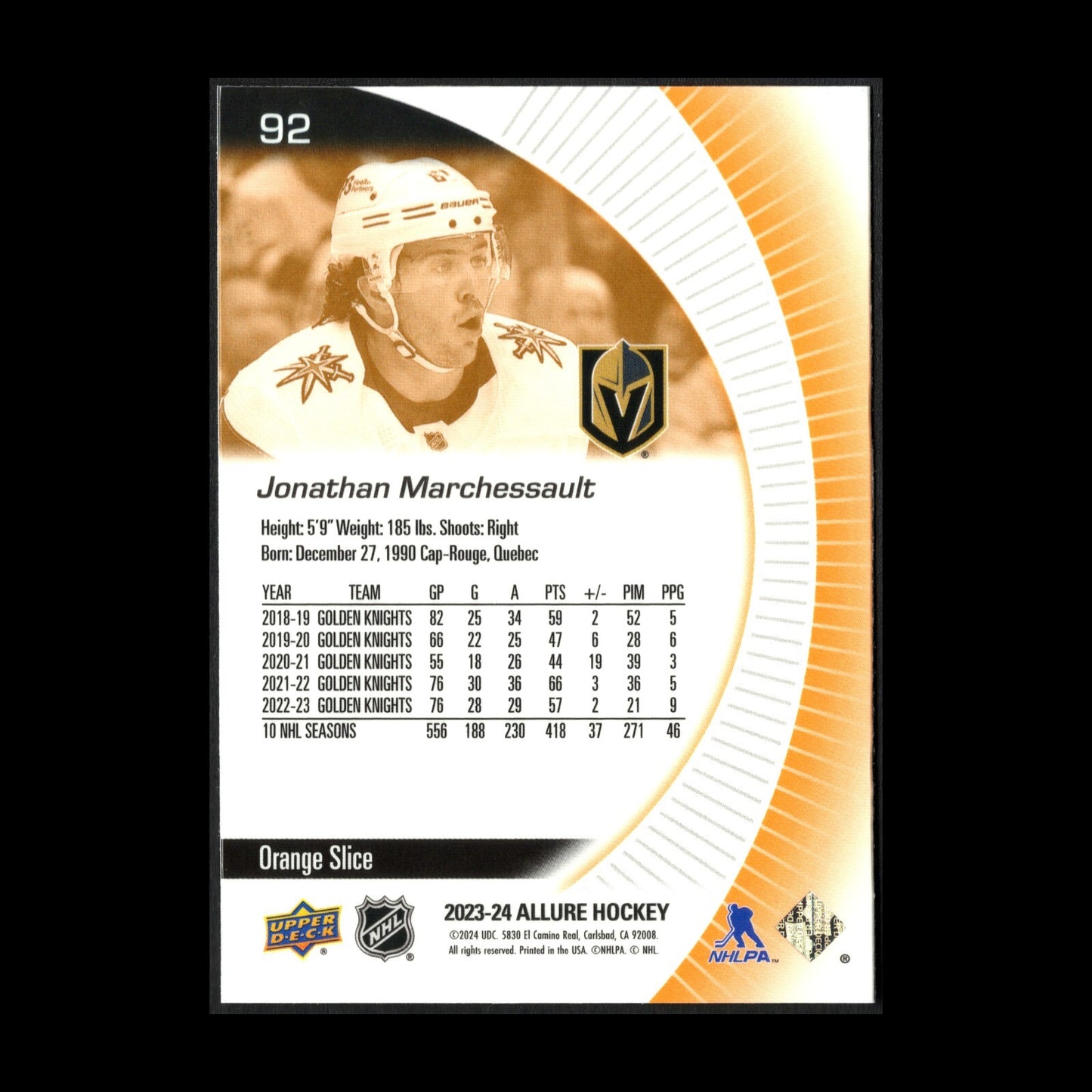 2023-24 UD Allure JONATHAN MARCHESSAULT #92 Orange Slice - Vegas Golden Knights