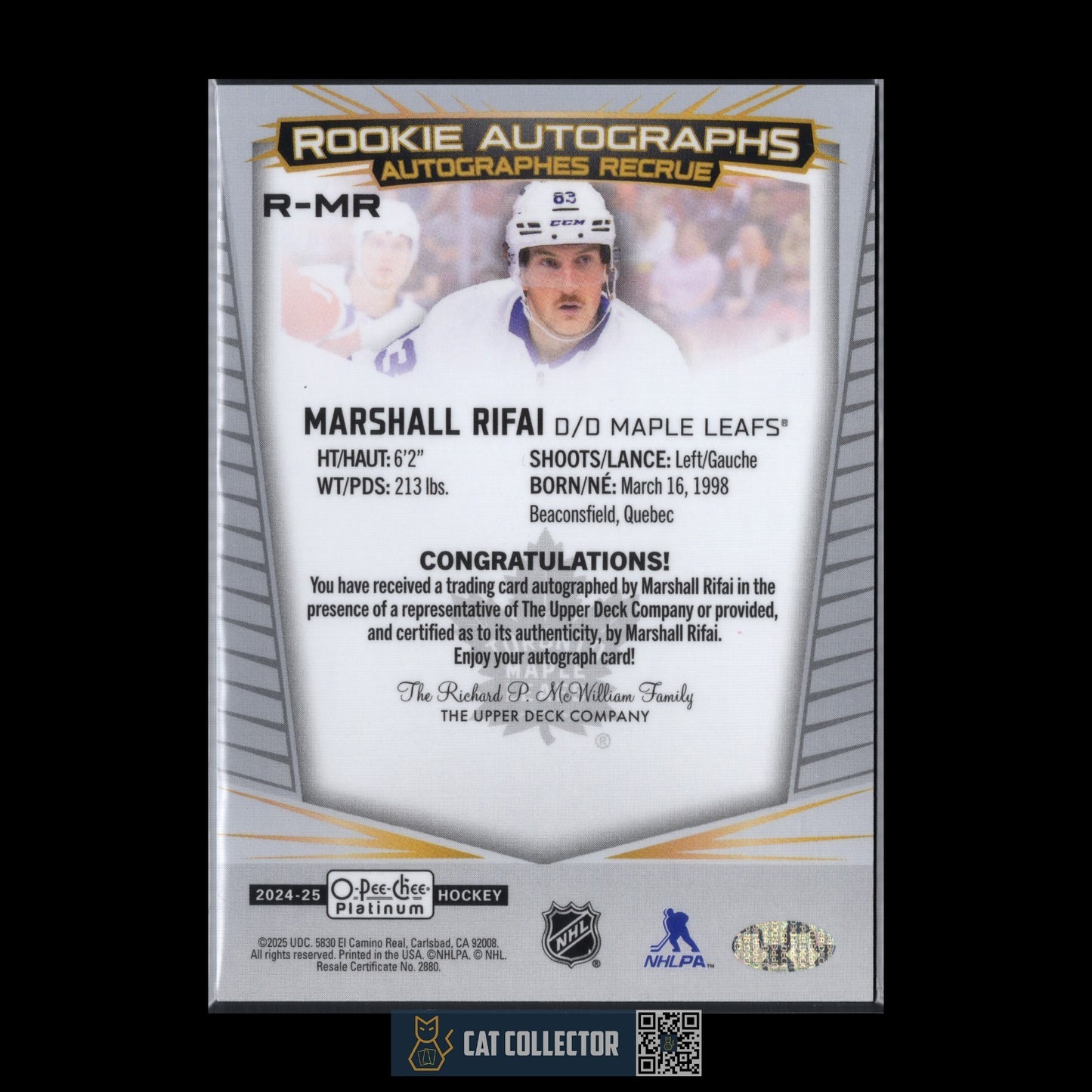 2024-25 O-Pee-Chee Platinum MARSHALL RIFAI #R-MR Rookie Autograph RC