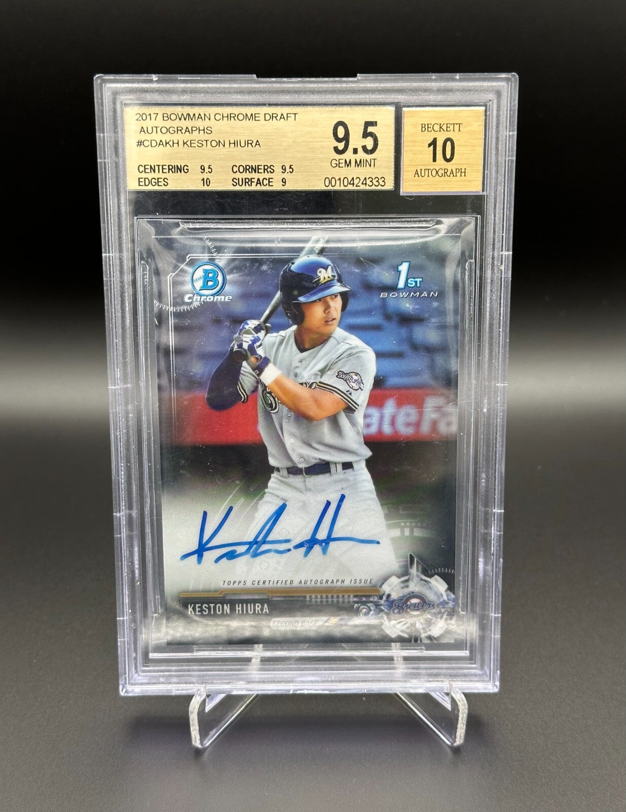 2017 Topps Bowman Chrome KESTON HIURA #CDA-KH Auto Beckett 9.5 Milwaukee Brewers