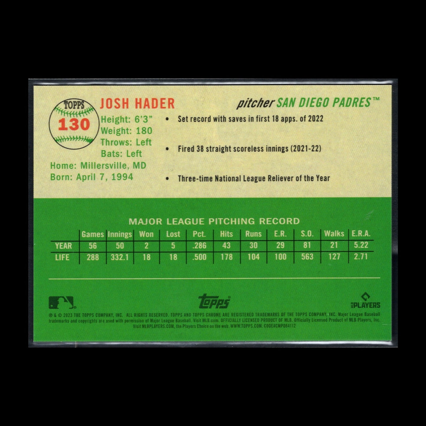 2023 Topps Chrome Platinum JOSH HADER #130 Topps Refractor /499