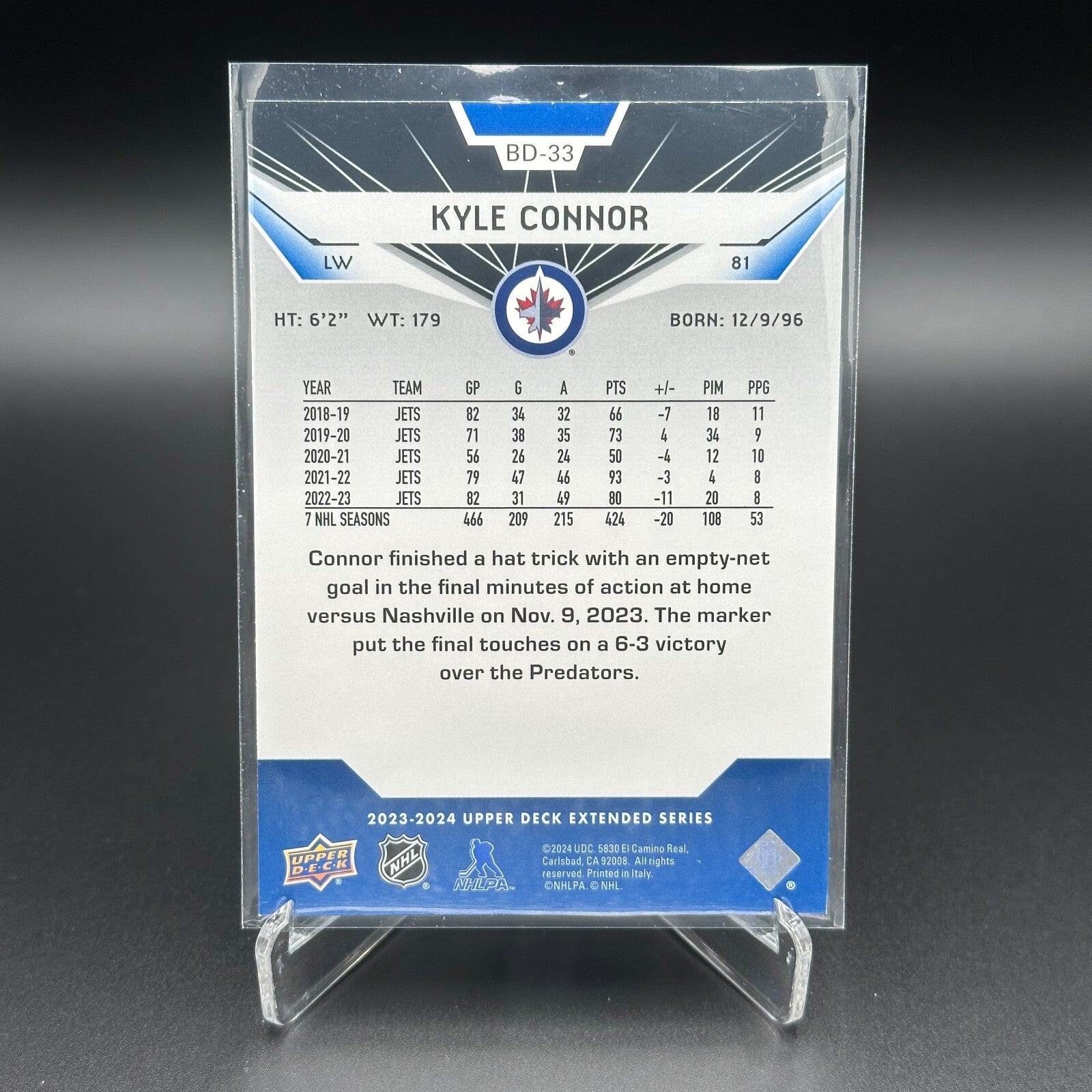 2023-24 UD Extended series KYLE CONNOR #BD-33 Black Diamond - Winnipeg Jets