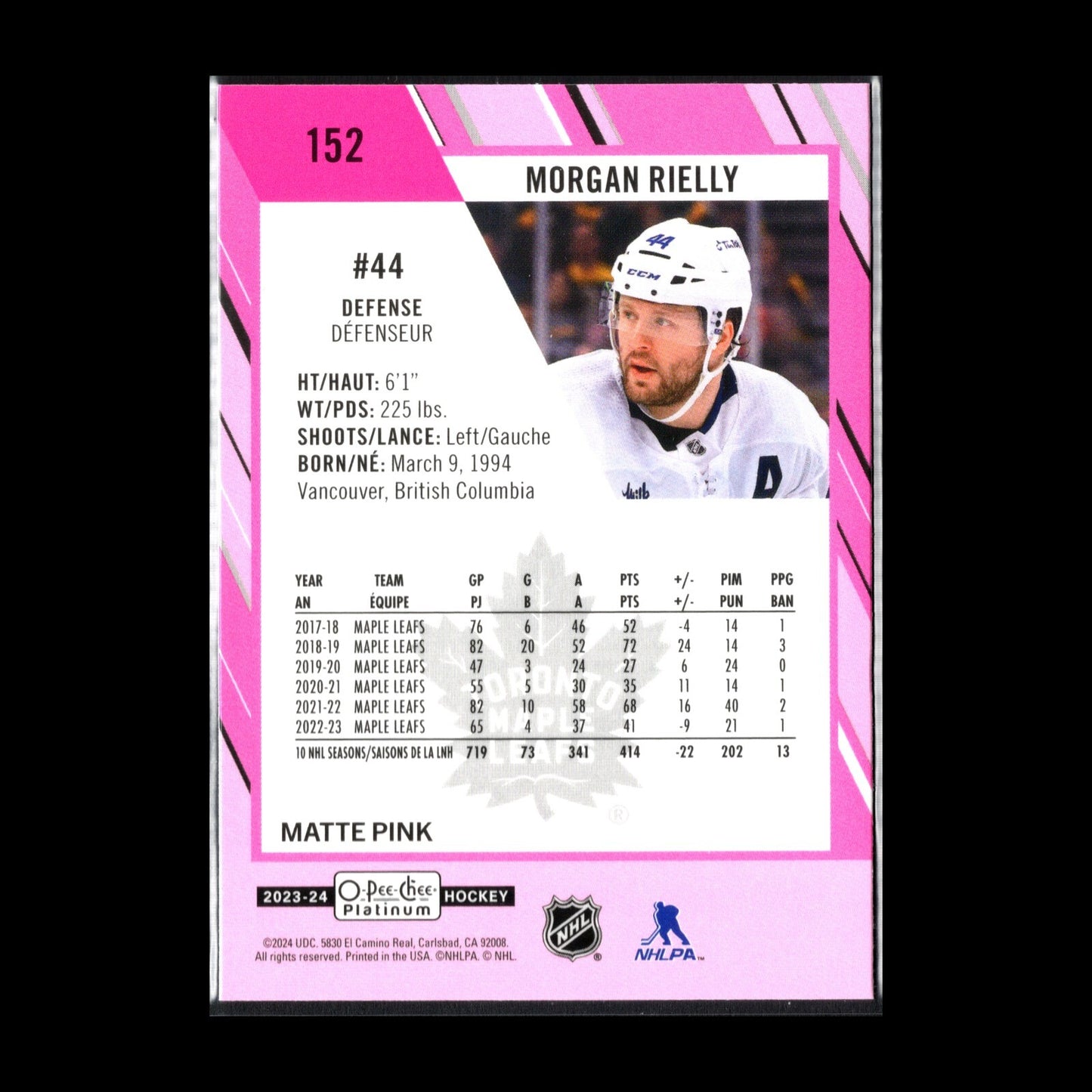 2023-24 O-Pee-Chee Platinum MORGAN RIELLY #152 Matte Pink - Toronto Maple Leafs