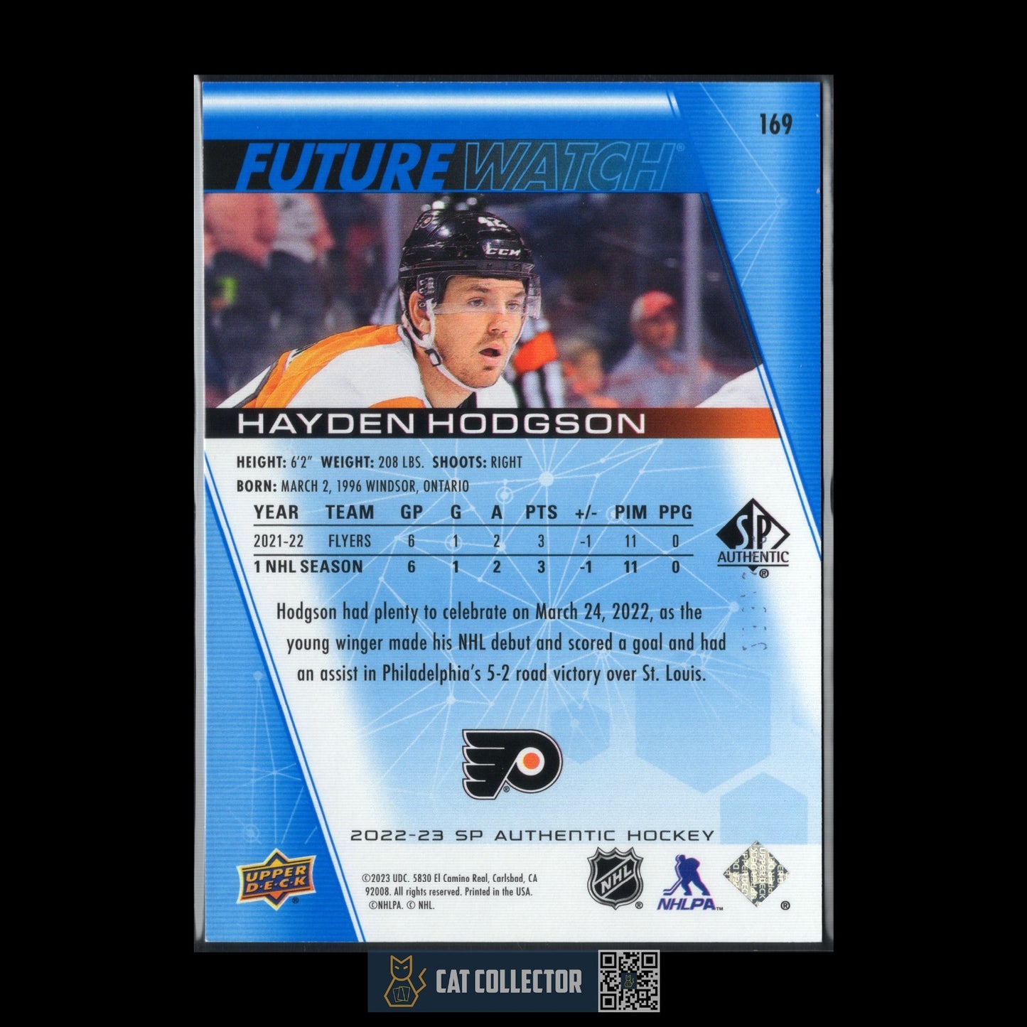 2022-23 UD SP Authentic HAYDEN HODGSON #169 Future Watch Limited Blue RC /399