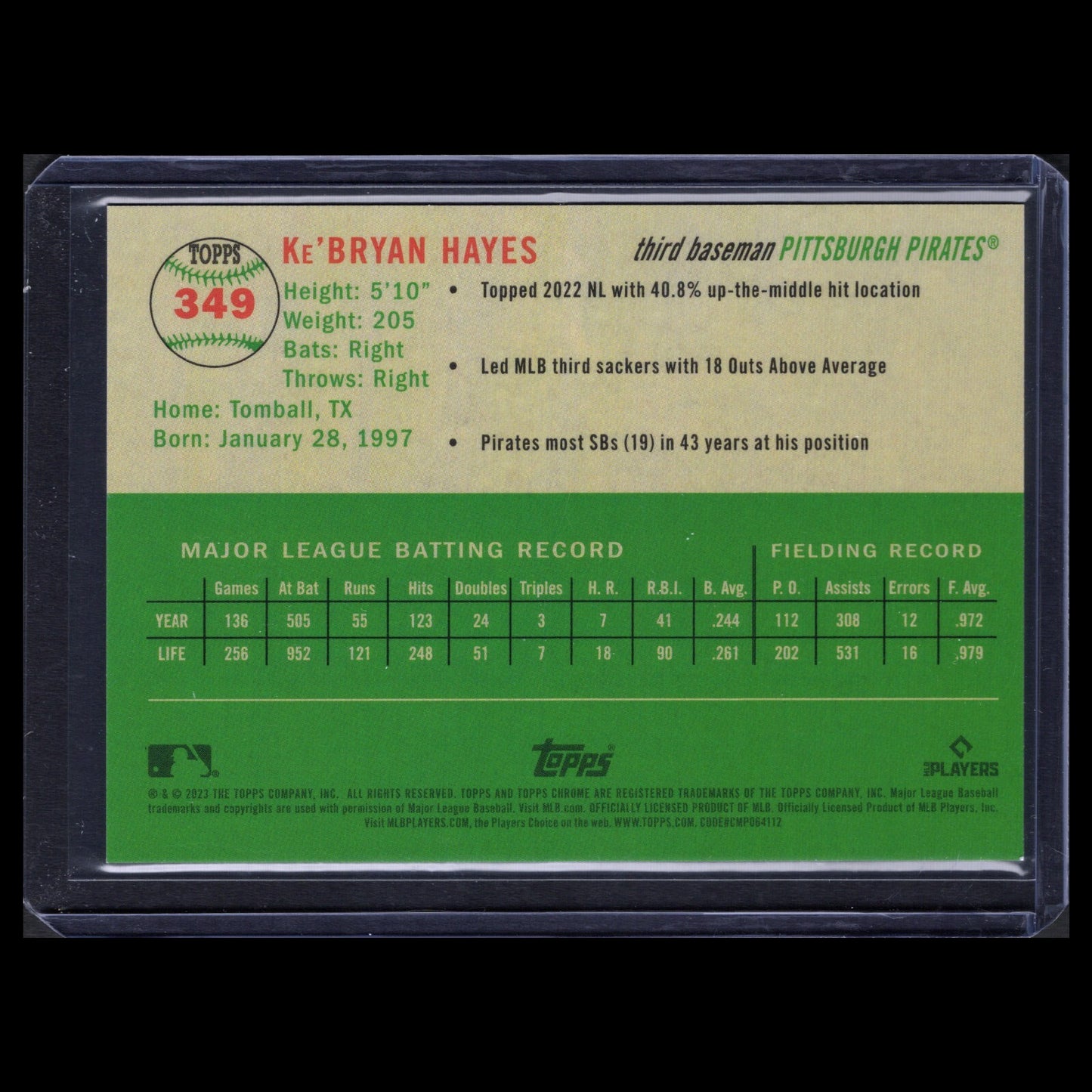 2023 Topps Chrome Platinum KE'BRYAN HAYES #349 Rookie Topps Refractor /499