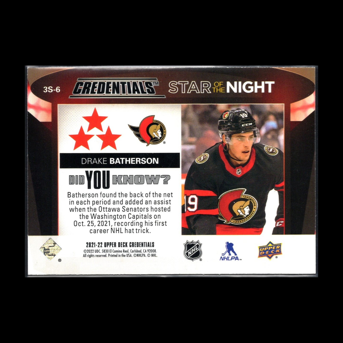 2021-22 UD Credentials DRAKE BATHERSON #3S-6 Third Star of the Night