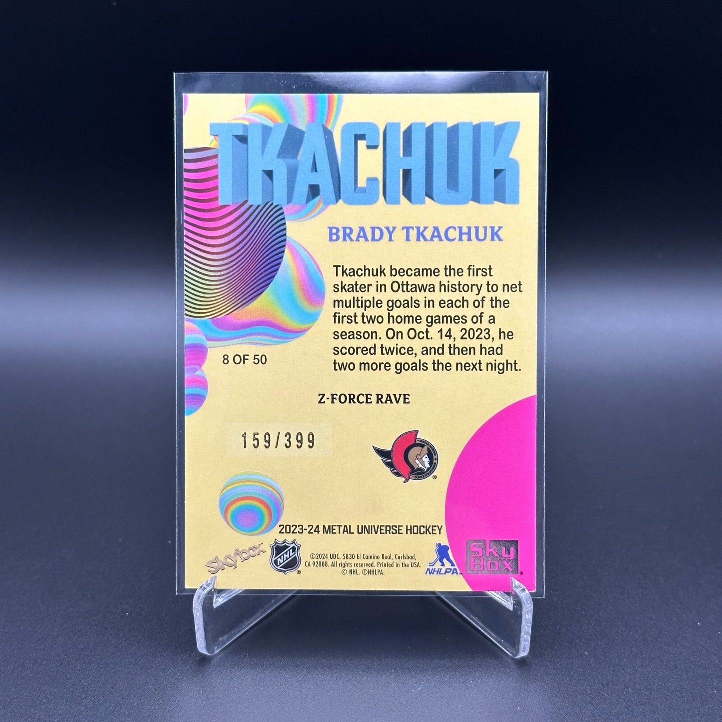 2023-24 SkyBox Metal Universe BRADY TKACHUK #8 Z-Force Rave /399