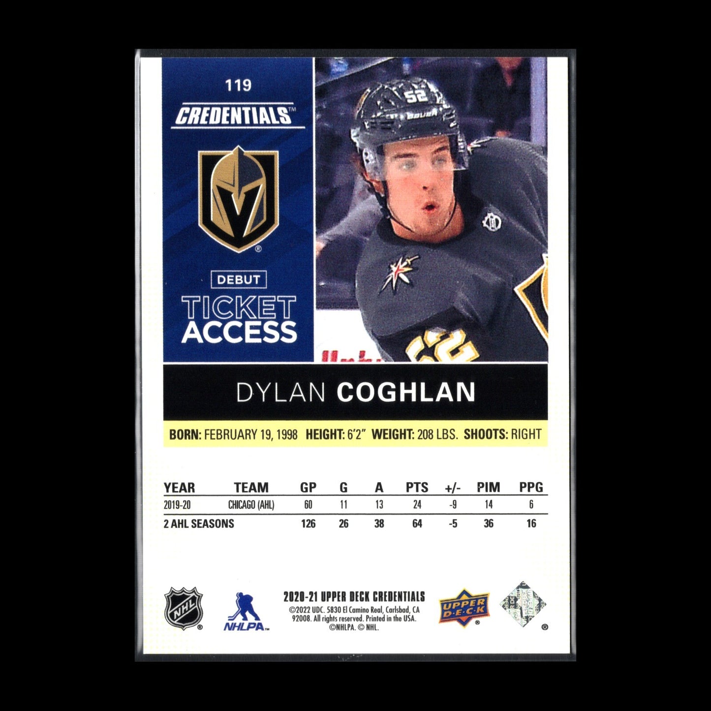 2020-21 UD Credentials DYLAN COGHLAN #119 Debut Ticket Access Yellow RC /249