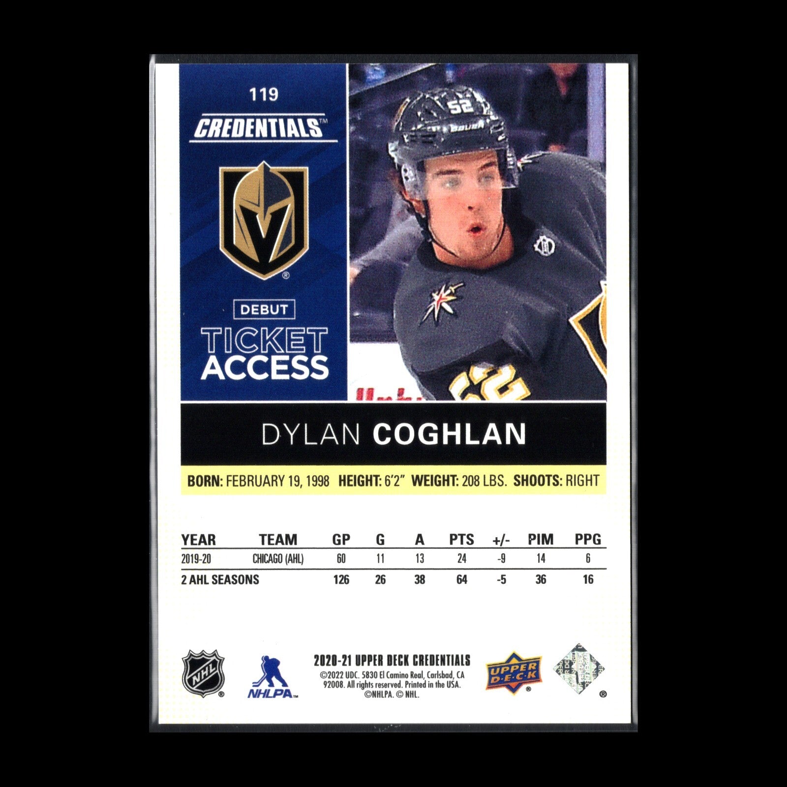 2020-21 UD Credentials DYLAN COGHLAN #119 Debut Ticket Access Yellow RC /249