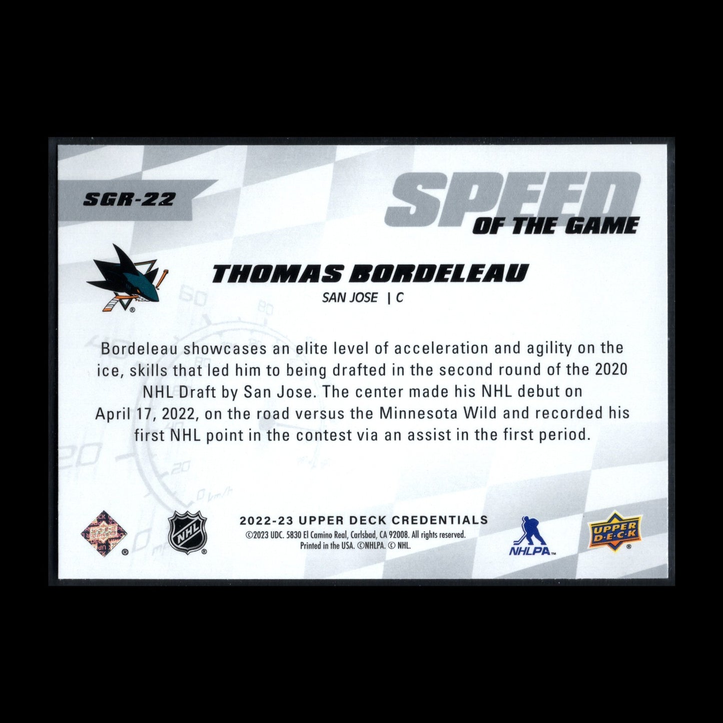 2022-23 UD Credentials THOMAS BORDELEAU #SGR-22 Speed of the Game Rookie
