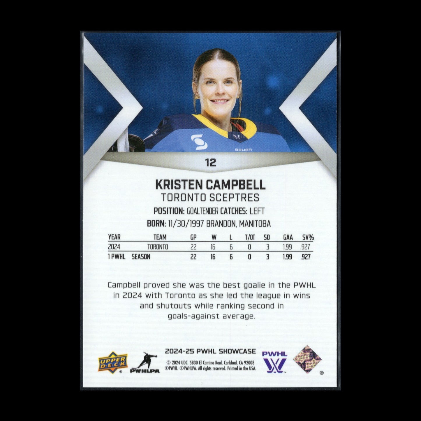 2024-25 Upper Deck PWHL Showcase KRISTEN CAMPBELL #12 Rookie RC Toronto Sceptres