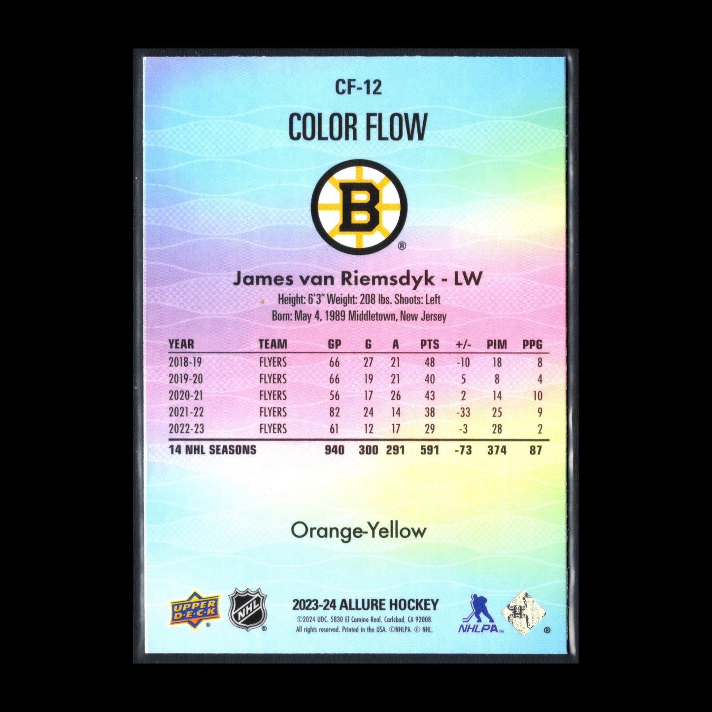 2023-24 UD Allure JAMES VAN RIEMSDYK #CF-12 Color Flow Orange-Yellow