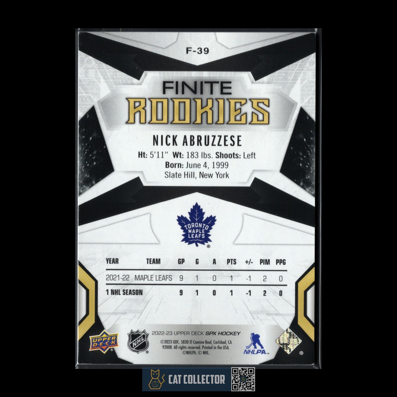 2022-23 UD SPx NICK ABRUZZESE #F-39 SPx Finites Rookies Gold RC /299