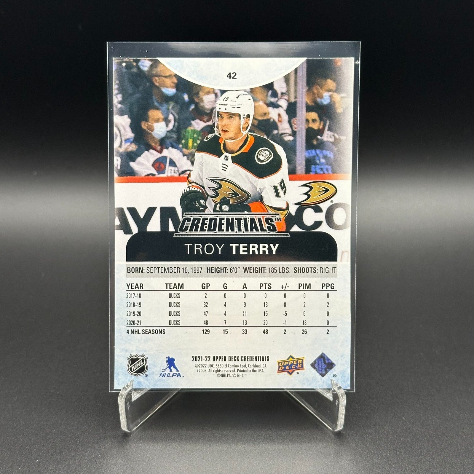 2021-22 UD Credentials TROY TERRY #42 Yellow parallel /249 - Anaheim Ducks