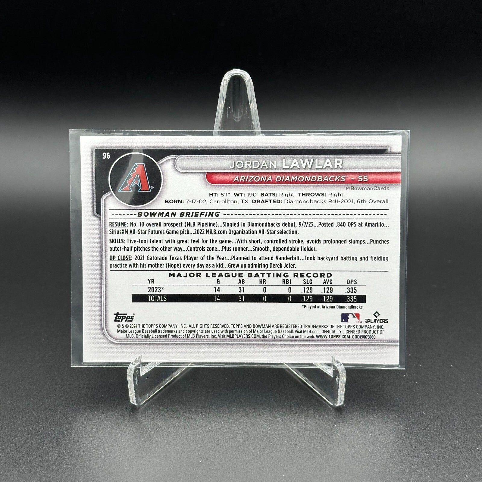 2024 Topps Bowman JORDAN LAWLAR #96 Prospect RC - Arizona Diamondbacks