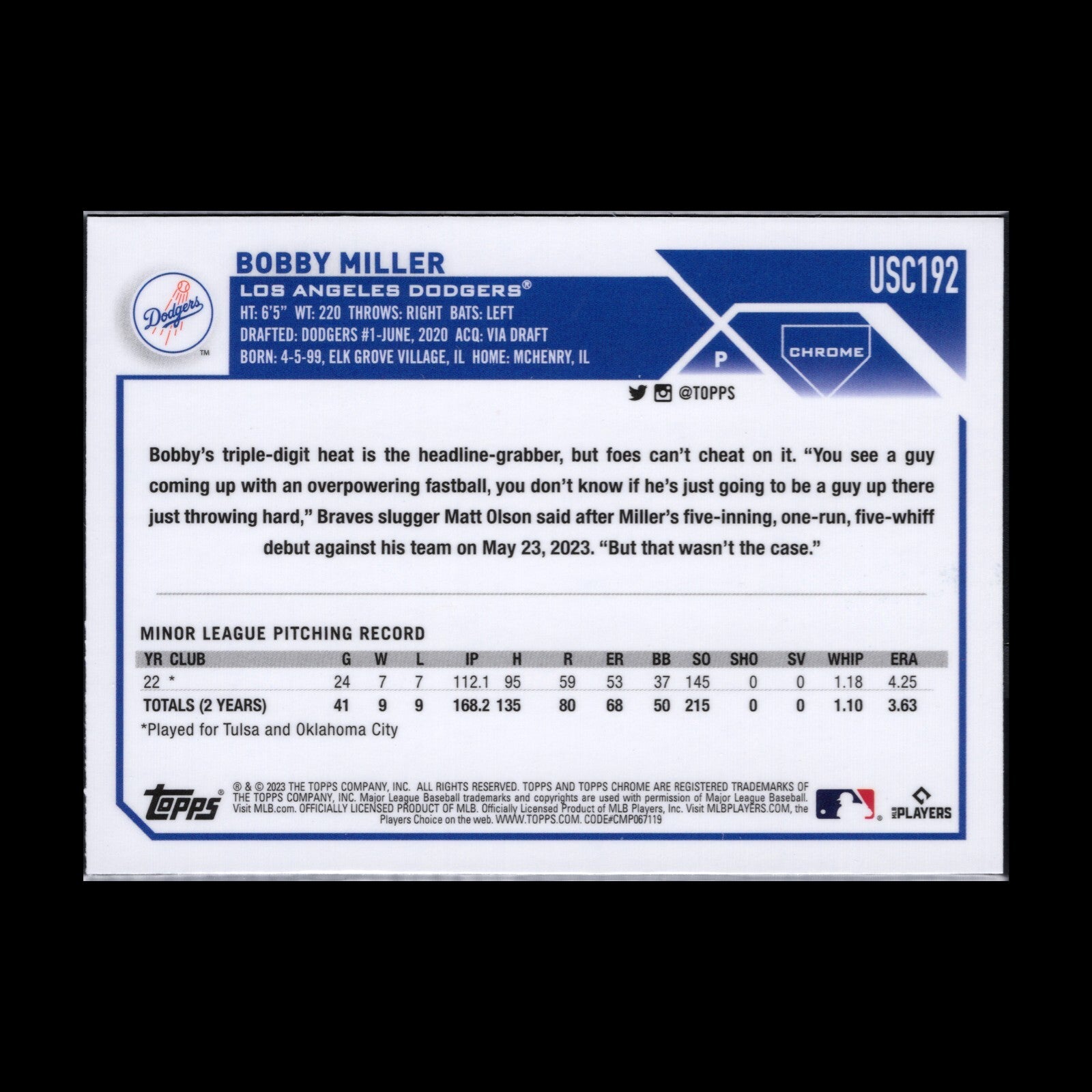 2023 Topps Chrome Updated Series BOBBY MILLER #USC192 Rookie RC