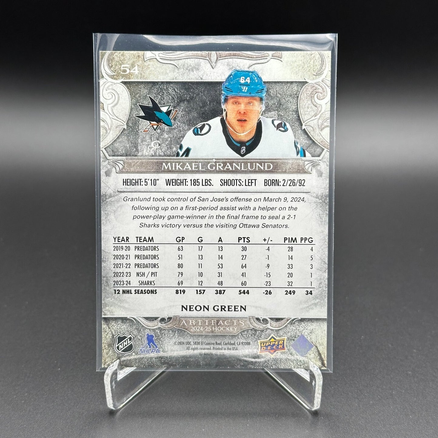 2024-25 UD Artifacts MIKAEL GRANLUND #54 Neon Green - San Jose Sharks