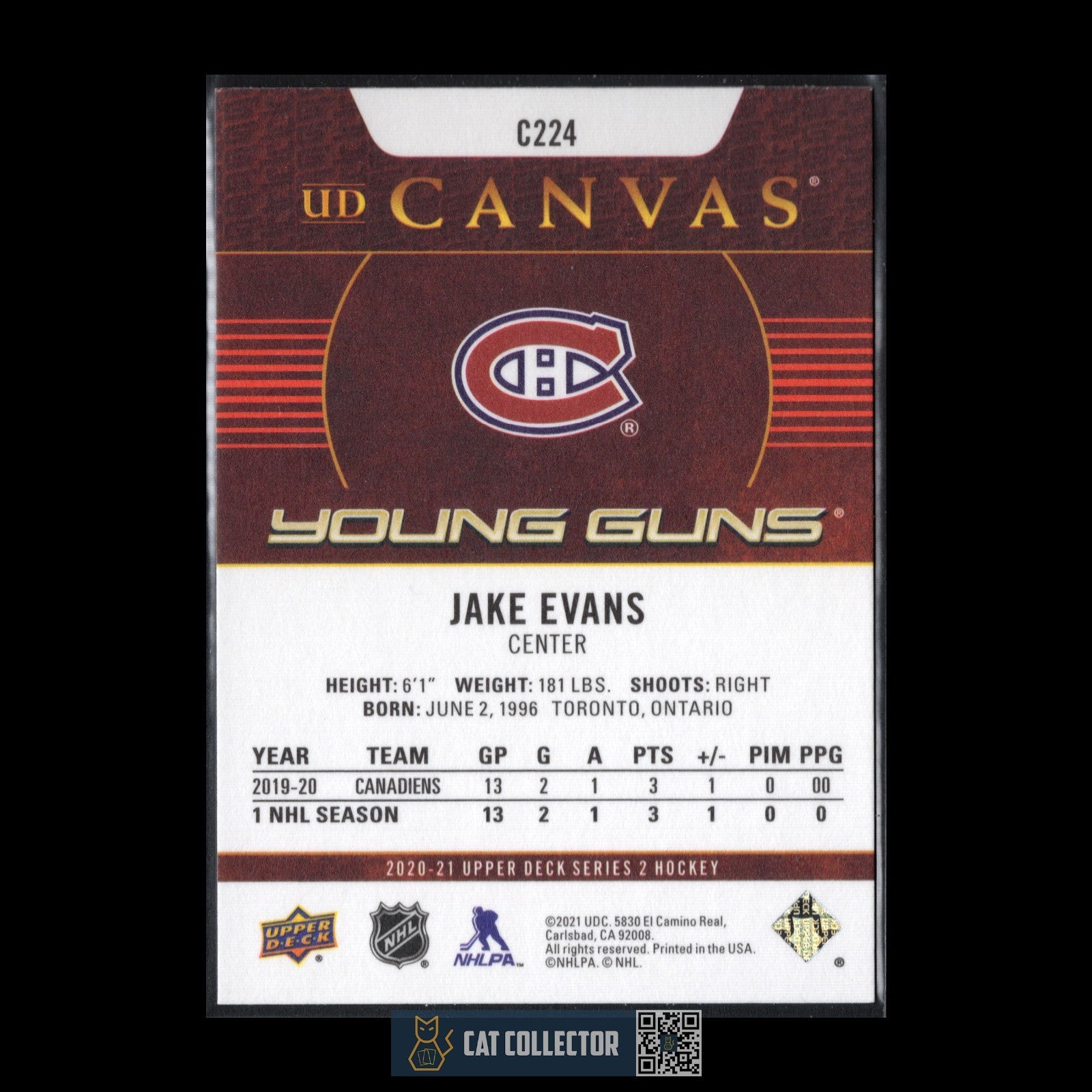 2020-21 UD Series 2 JAKE EVANS #C224 UD Canvas Young guns RC Montreal Canadiens