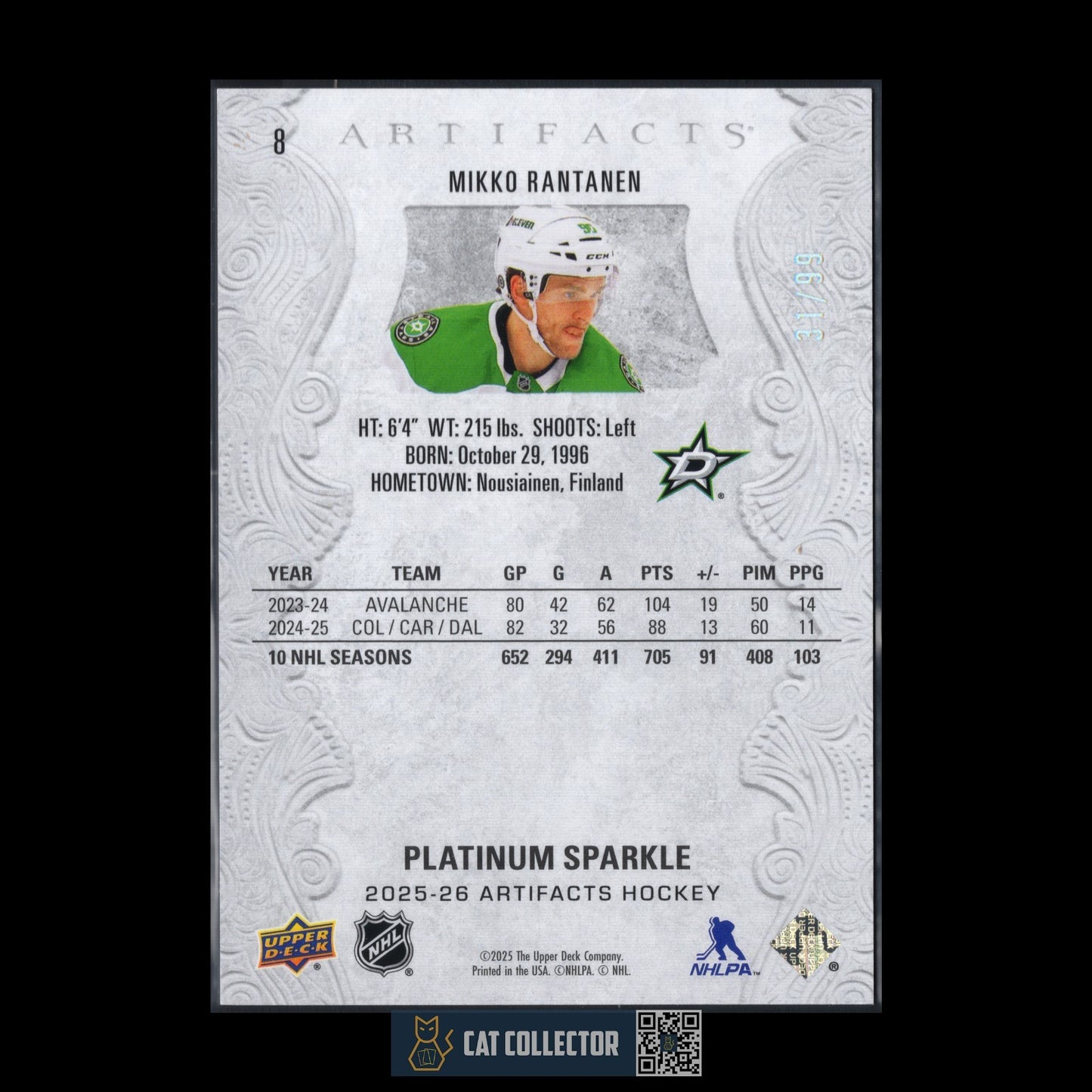 2025-26 UD Artifacts MIKKO RANTANEN #8 Platinum Sparkle /99