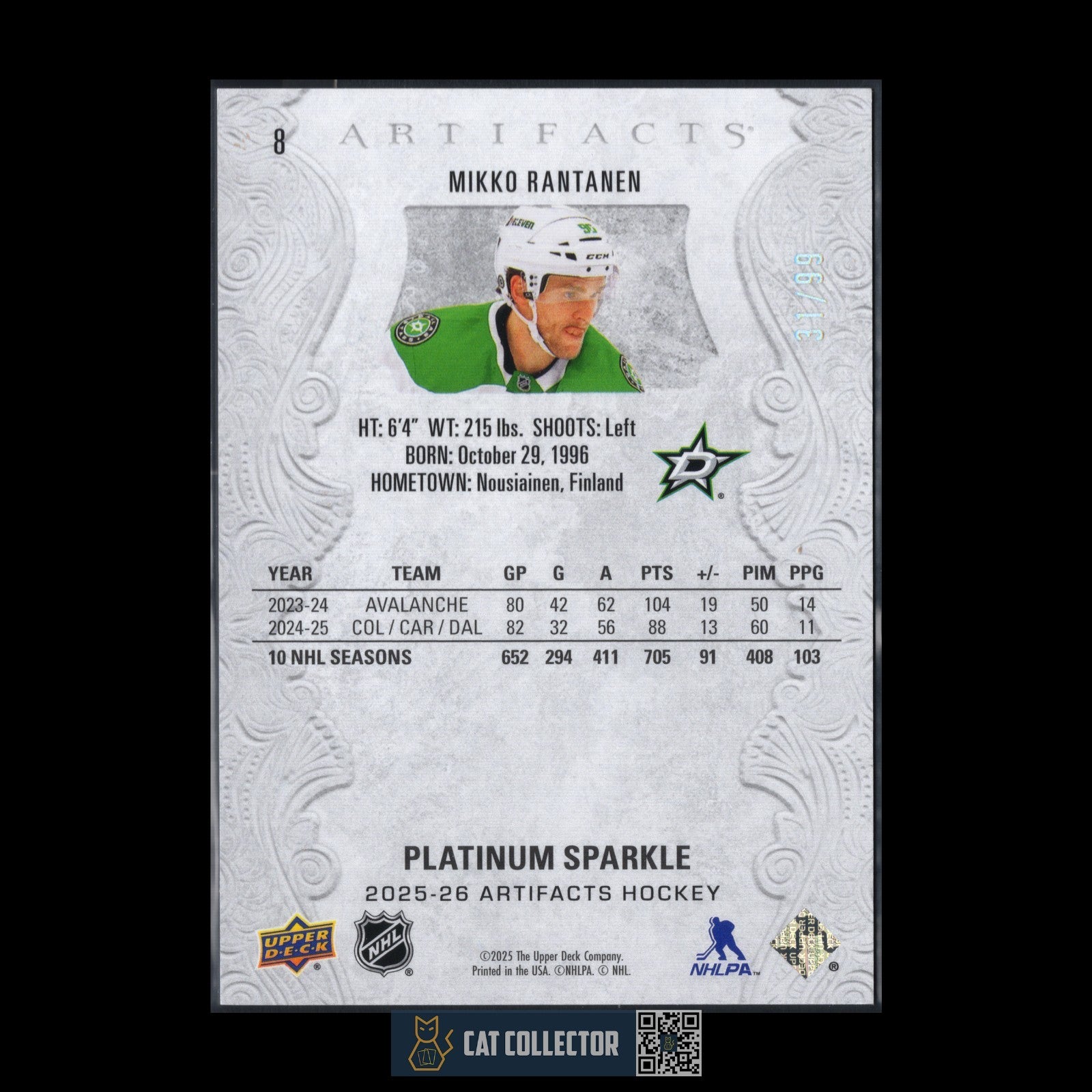 2025-26 UD Artifacts MIKKO RANTANEN #8 Platinum Sparkle /99