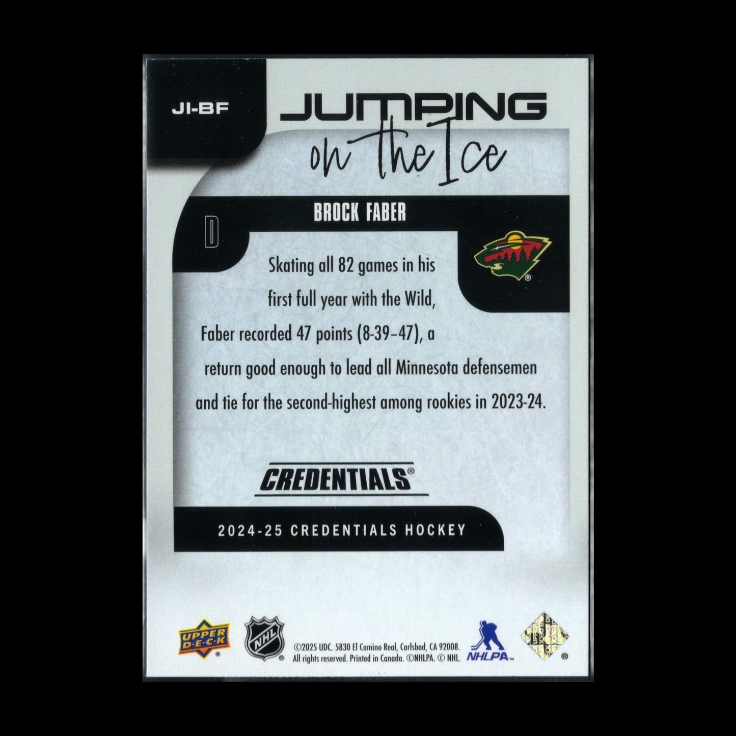 2024-25 UD Credentials BROCK FABER #JI-BF Jumping on the ice - Minnesota Wild