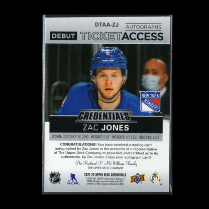 2021-22 UD Credentials ZAC JONES #DTAA-ZJ Debut Ticket Access Autographs RC /299