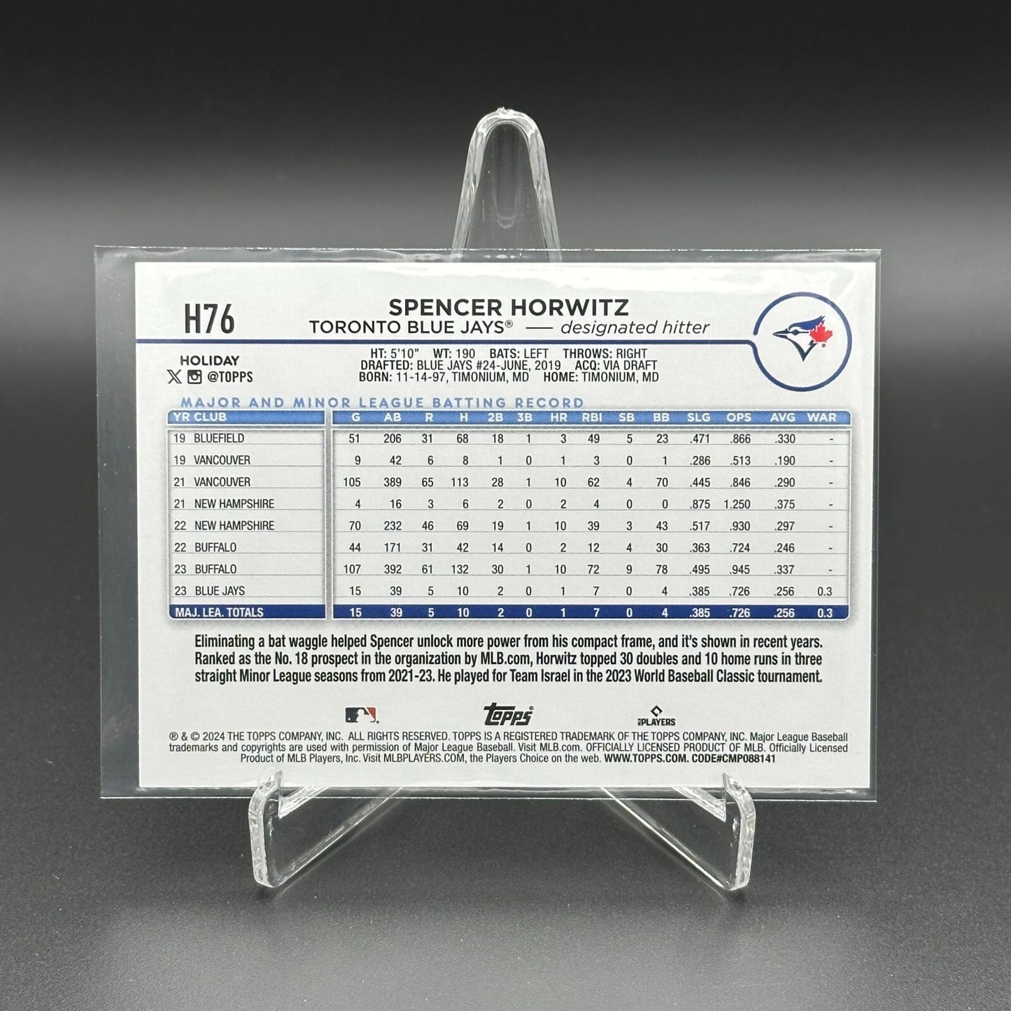2024 Topps Holiday SPENCER HORWITZ #H76 RC - Toronto Blue Jays