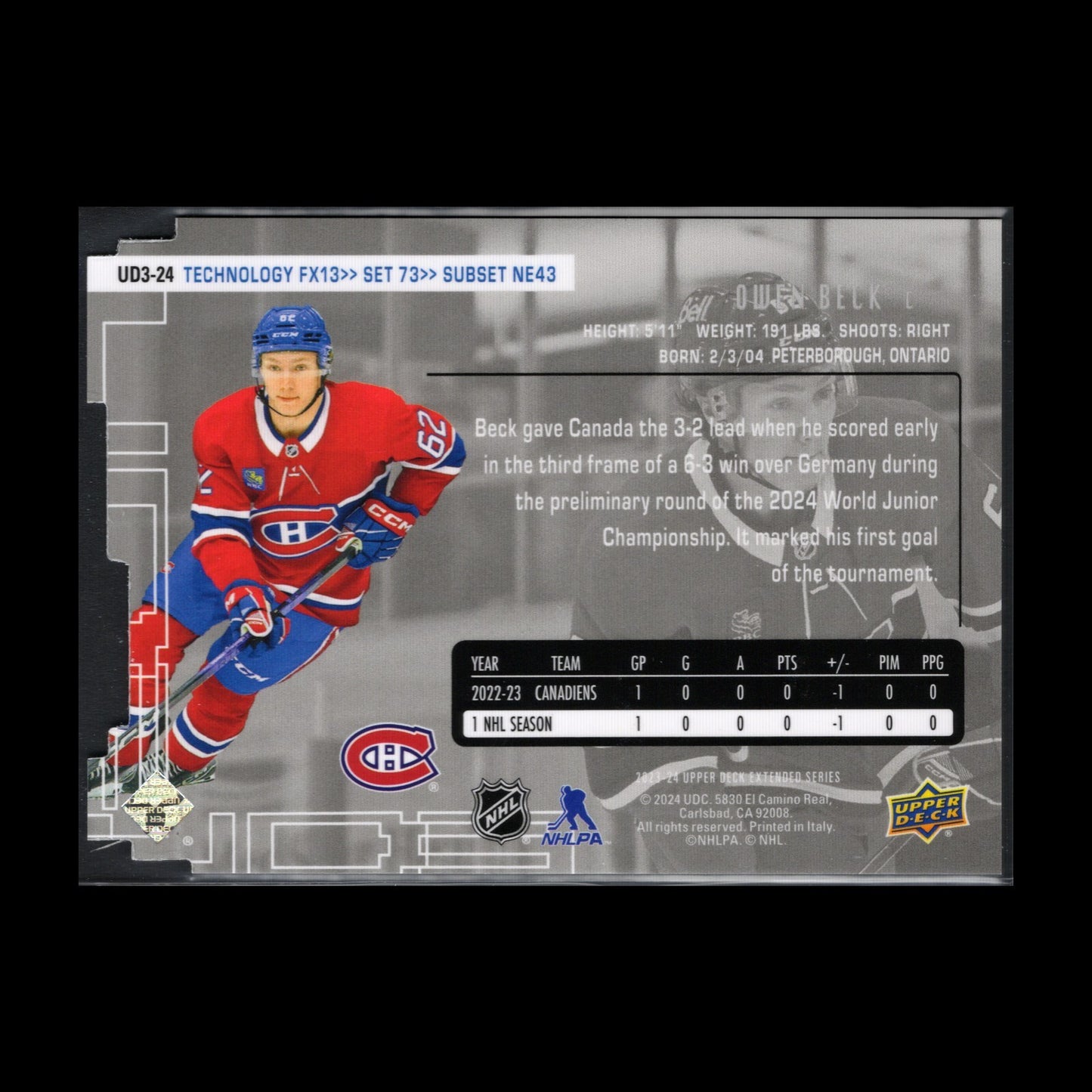 2023-24 UD Extended Series OWEN BECK #UD3-24 Die-cut 1998-99 UD3 Rookie RC