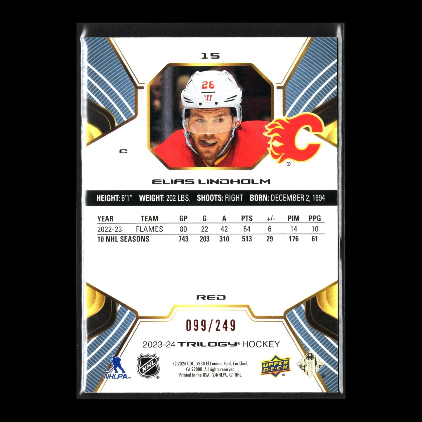 2023-24 UD Trilogy ELIAS LINDHOLM #15 Red /249 - Calgary Flames