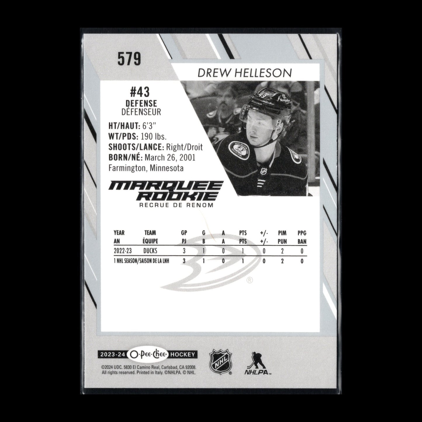 2023-24 O-Pee-Chee DREW HELLESON #579 Marquee rookie RC - Anaheim Ducks