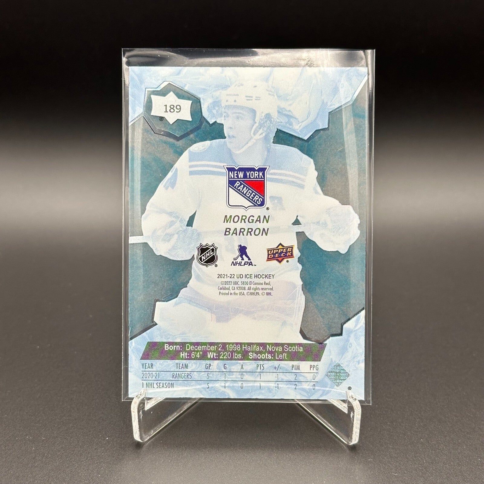 2021-22 UD Ice MORGAN BARRON #189 Ice Premieres Blue Rookie 312/599 - NY Rangers