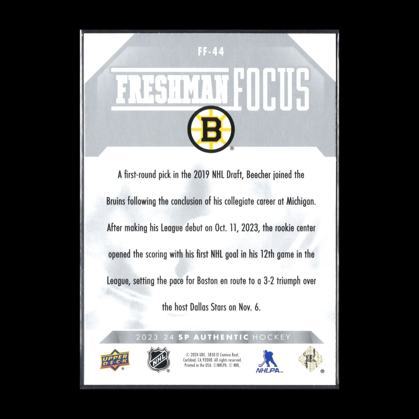 2023-24 UD SP Authentic JOHN BEECHER #FF-44 Freshman Focus RC - Boston Bruins