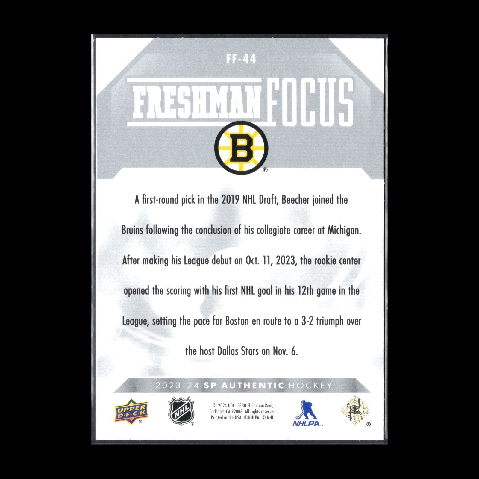 2023-24 UD SP Authentic JOHN BEECHER #FF-44 Freshman Focus RC - Boston Bruins