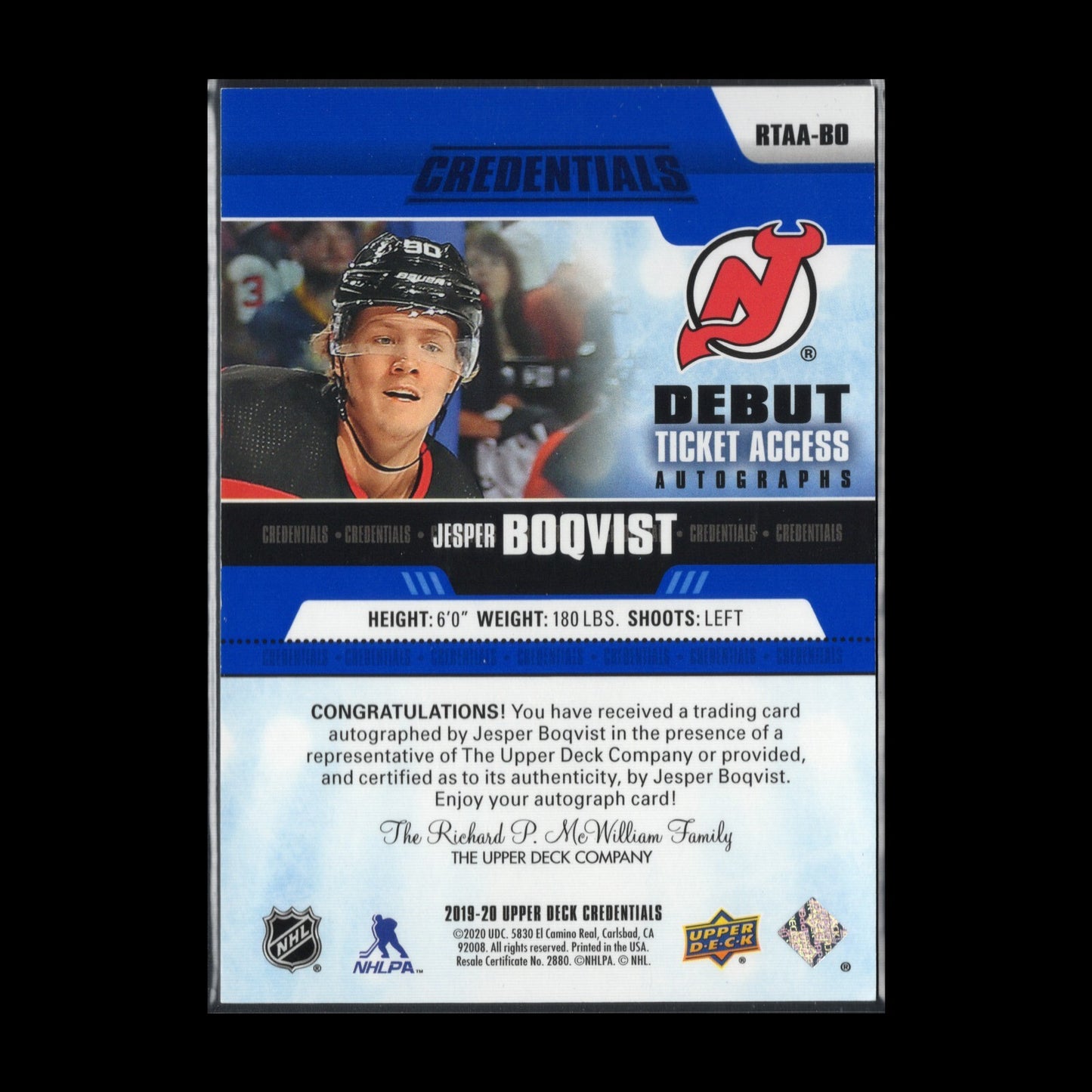 2019-20 UD Credentials JESPER BOQVIST #RTAA-BO Debut Ticket Access AUTO /299