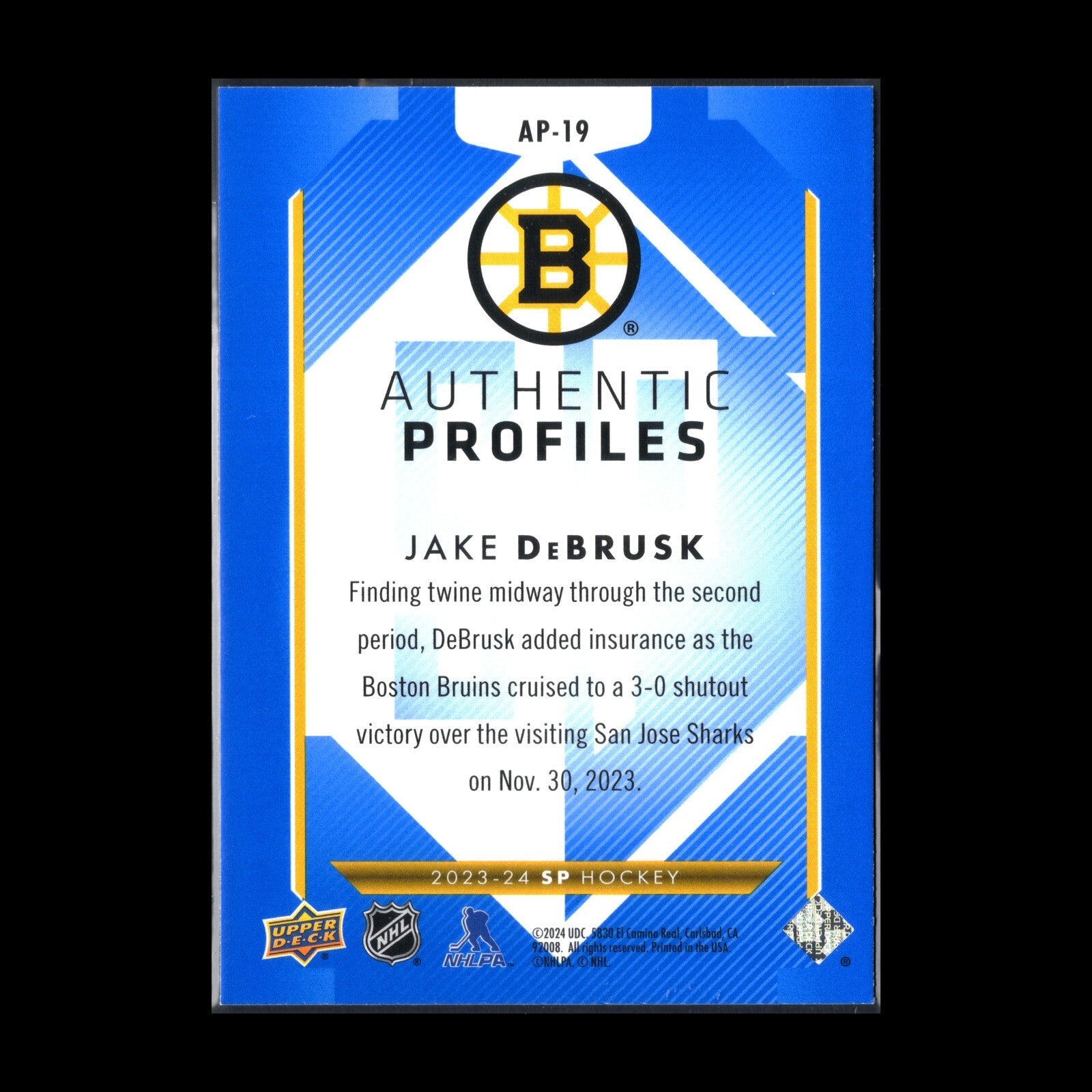 2023-24 UD SP Authentic JAKE DEBRUSK #AP-19 Authentic Profiles Blue