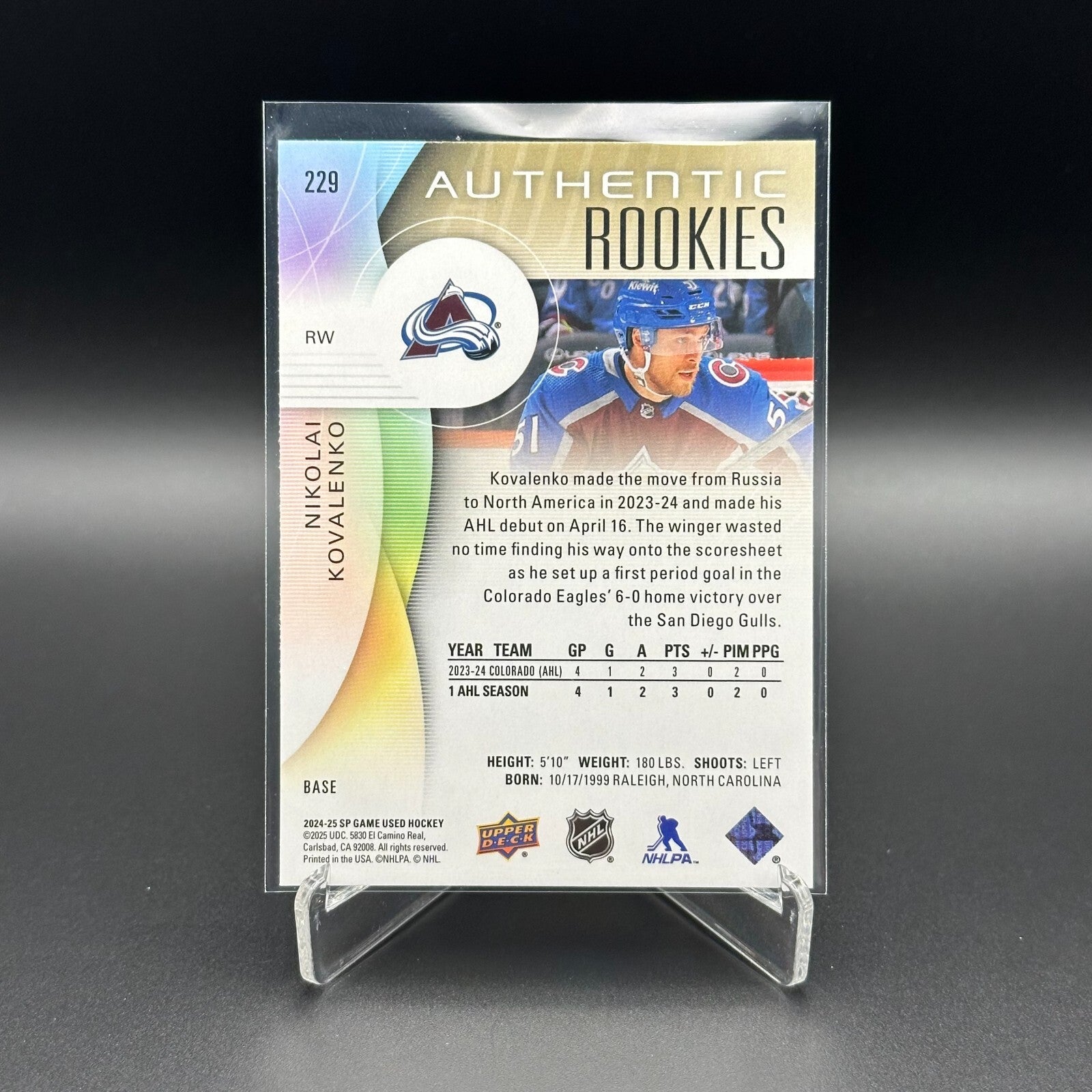 2024-25 UD SP Game Used NIKOLAI KOVALENKO #229 Rookie RC