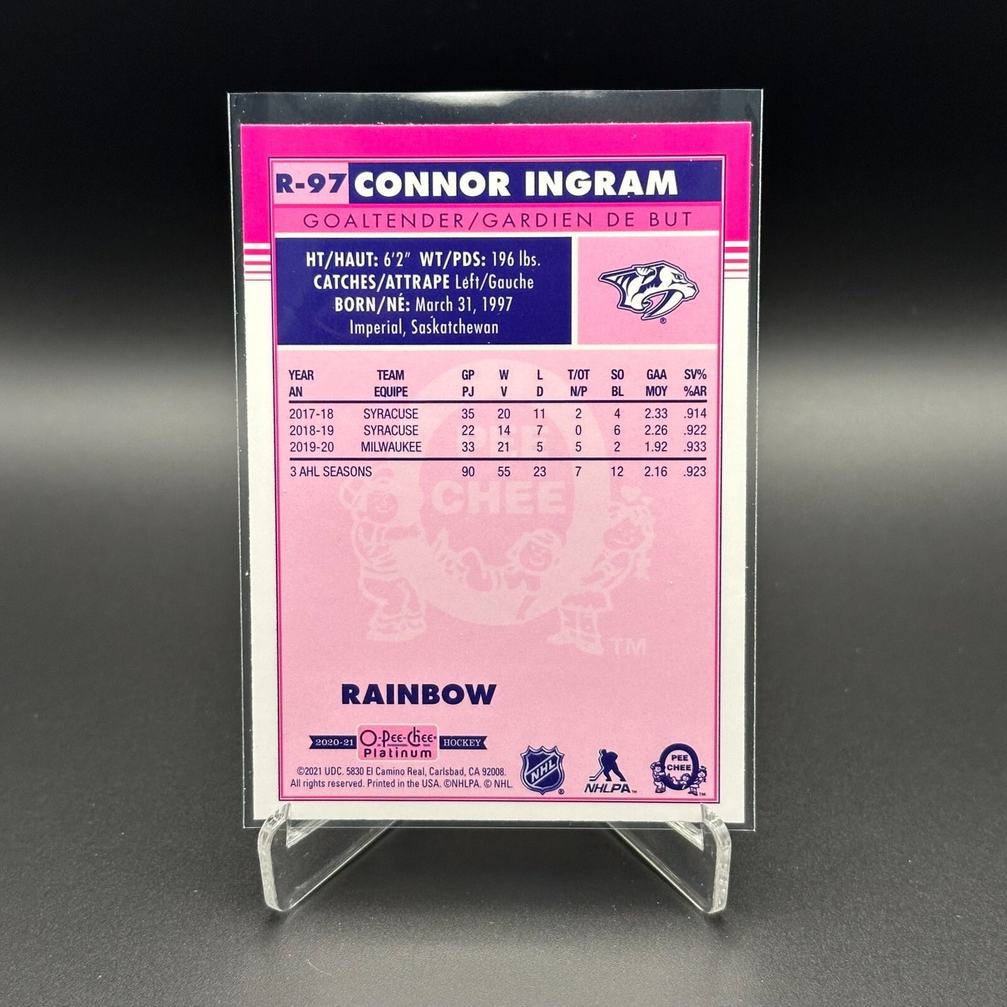 2020-21 O-Pee-Chee Platinum CONNOR INGRAM #R-97 Marquee rookie Retro Rainbow RC