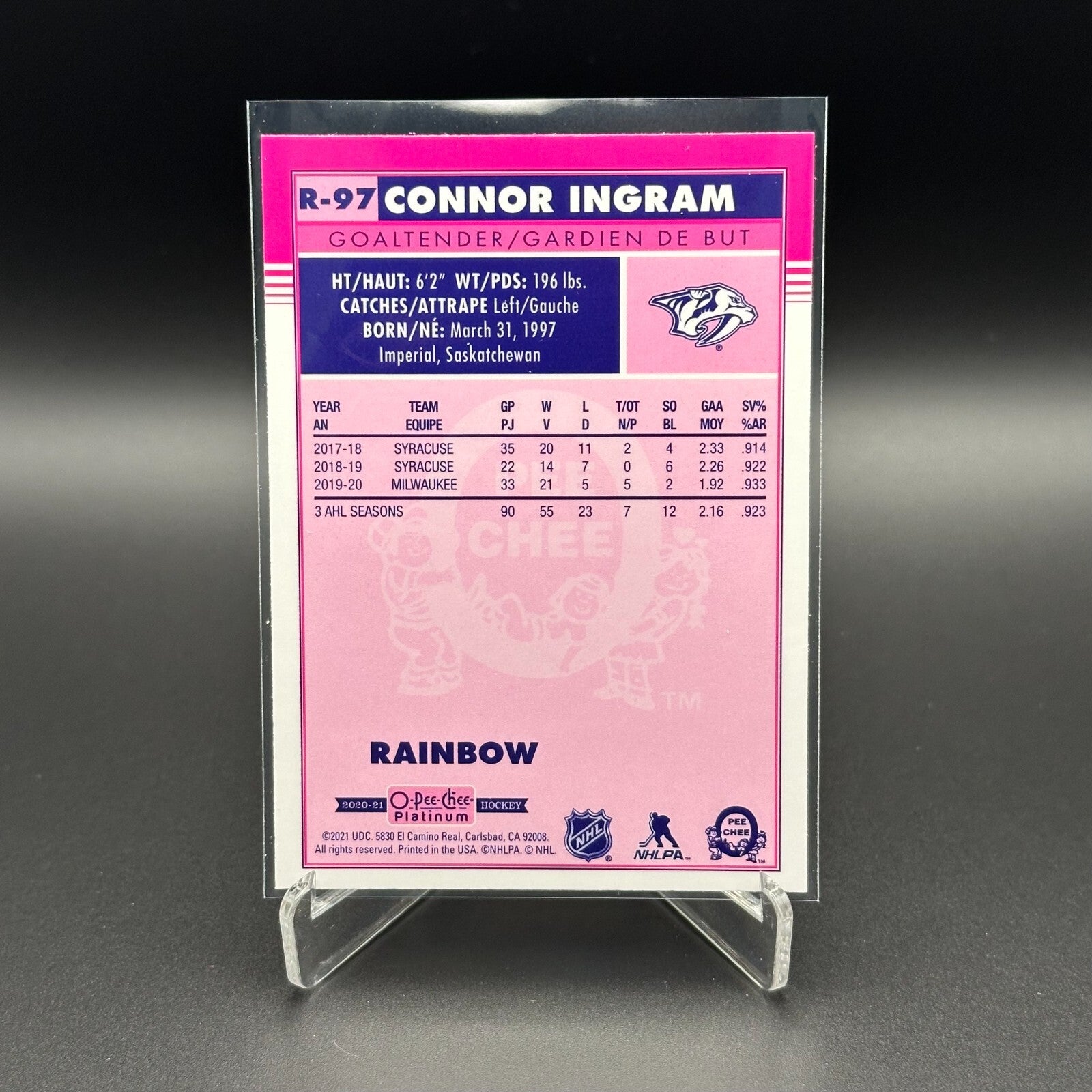 2020-21 O-Pee-Chee Platinum CONNOR INGRAM #R-97 Marquee rookie Retro Rainbow RC